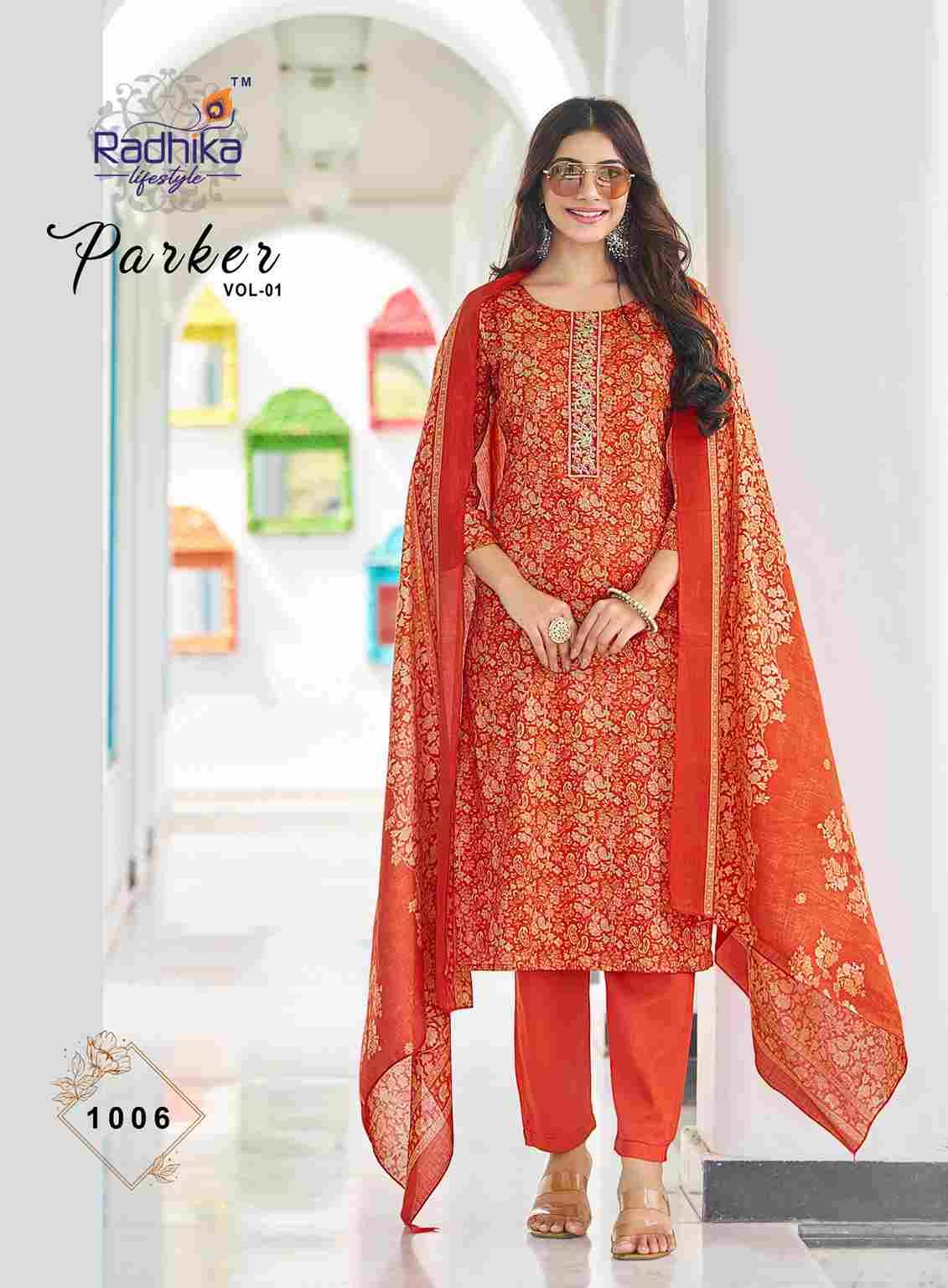 Parker Vol-1 By Radhika Lifestyle 1001 To 1006 Series Beautiful Festive Suits Colorful Stylish Fancy Casual Wear & Ethnic Wear Jam Satin With Work Dresses At Wholesale Price