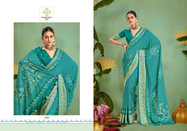Tulsi Bandhej By Shubh Saree 1001 To 1006 Series Indian Traditional Wear Collection Beautiful Stylish Fancy Colorful Party Wear & Occasional Wear Velvet Tussar Silk Sarees At Wholesale Price