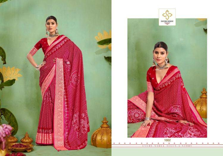 Tulsi Bandhej By Shubh Saree 1001 To 1006 Series Indian Traditional Wear Collection Beautiful Stylish Fancy Colorful Party Wear & Occasional Wear Velvet Tussar Silk Sarees At Wholesale Price