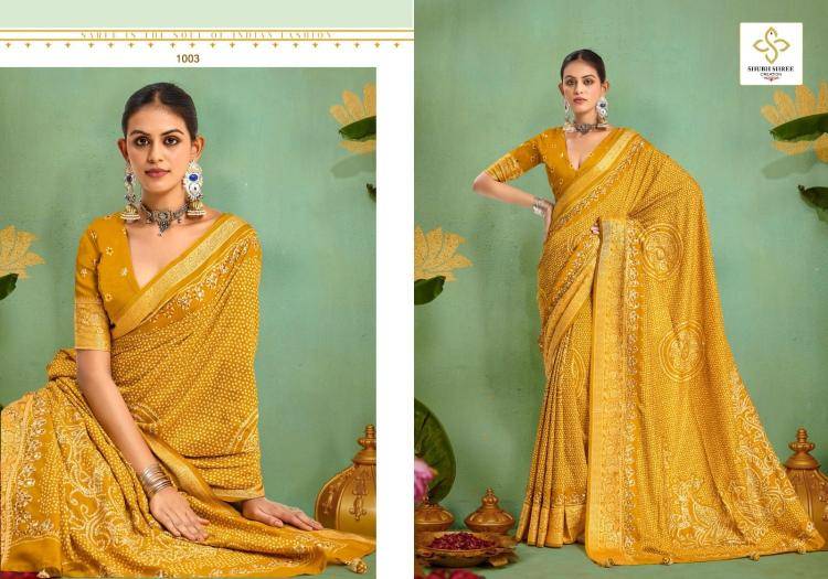 Tulsi Bandhej By Shubh Saree 1001 To 1006 Series Indian Traditional Wear Collection Beautiful Stylish Fancy Colorful Party Wear & Occasional Wear Velvet Tussar Silk Sarees At Wholesale Price