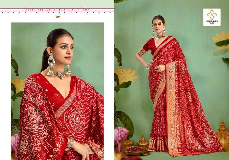 Tulsi Bandhej By Shubh Saree 1001 To 1006 Series Indian Traditional Wear Collection Beautiful Stylish Fancy Colorful Party Wear & Occasional Wear Velvet Tussar Silk Sarees At Wholesale Price
