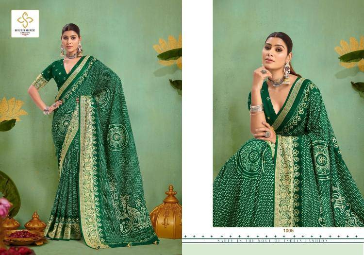 Tulsi Bandhej By Shubh Saree 1001 To 1006 Series Indian Traditional Wear Collection Beautiful Stylish Fancy Colorful Party Wear & Occasional Wear Velvet Tussar Silk Sarees At Wholesale Price