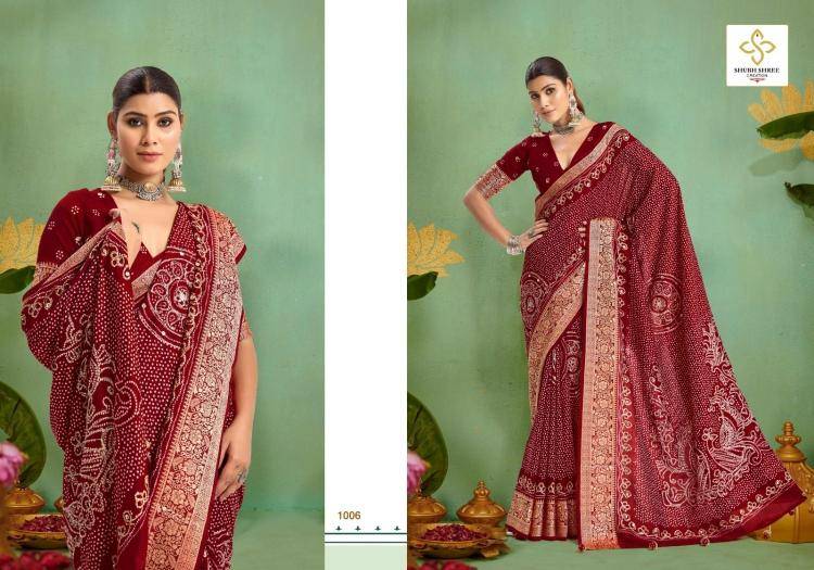 Tulsi Bandhej By Shubh Saree 1001 To 1006 Series Indian Traditional Wear Collection Beautiful Stylish Fancy Colorful Party Wear & Occasional Wear Velvet Tussar Silk Sarees At Wholesale Price