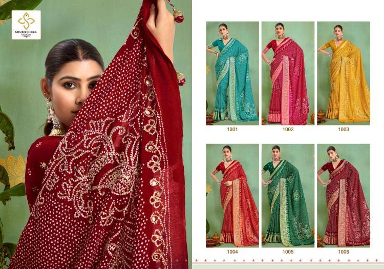 Tulsi Bandhej By Shubh Saree 1001 To 1006 Series Indian Traditional Wear Collection Beautiful Stylish Fancy Colorful Party Wear & Occasional Wear Velvet Tussar Silk Sarees At Wholesale Price