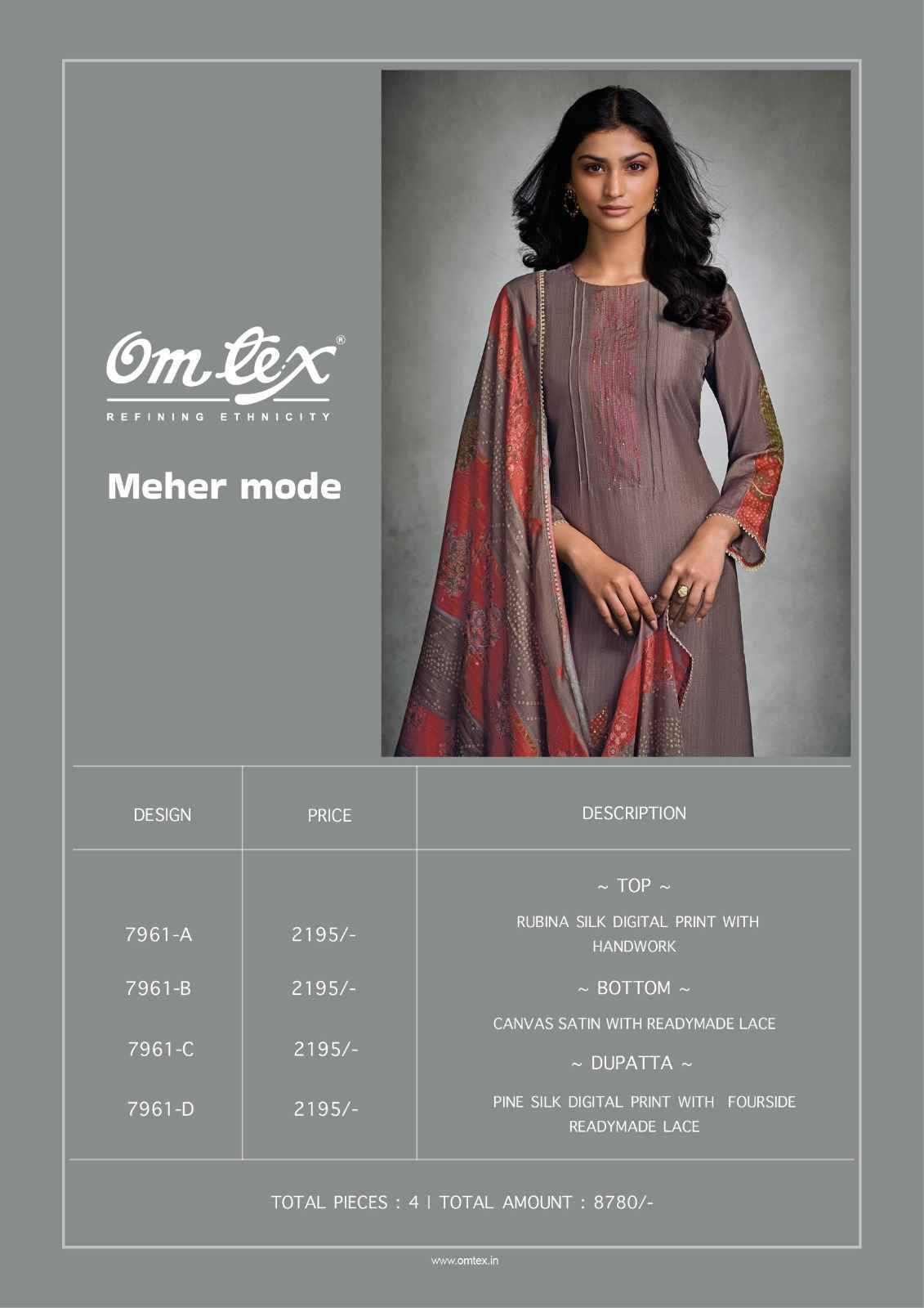 Meher Mode By Om Tex 7961-A To 7961-D Series Beautiful Suits Stylish Fancy Colorful Party Wear & Ethnic Wear Silk Dresses At Wholesale Price