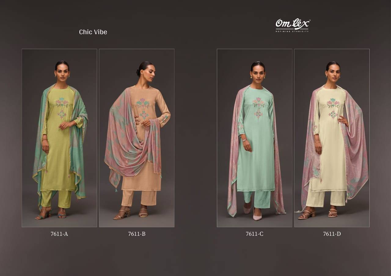 Chic Vibe By Om Tex 7611-A To 7611-D Series Beautiful Suits Stylish Fancy Colorful Party Wear & Ethnic Wear Satin Dresses At Wholesale Price