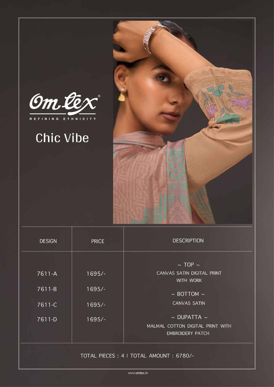Chic Vibe By Om Tex 7611-A To 7611-D Series Beautiful Suits Stylish Fancy Colorful Party Wear & Ethnic Wear Satin Dresses At Wholesale Price