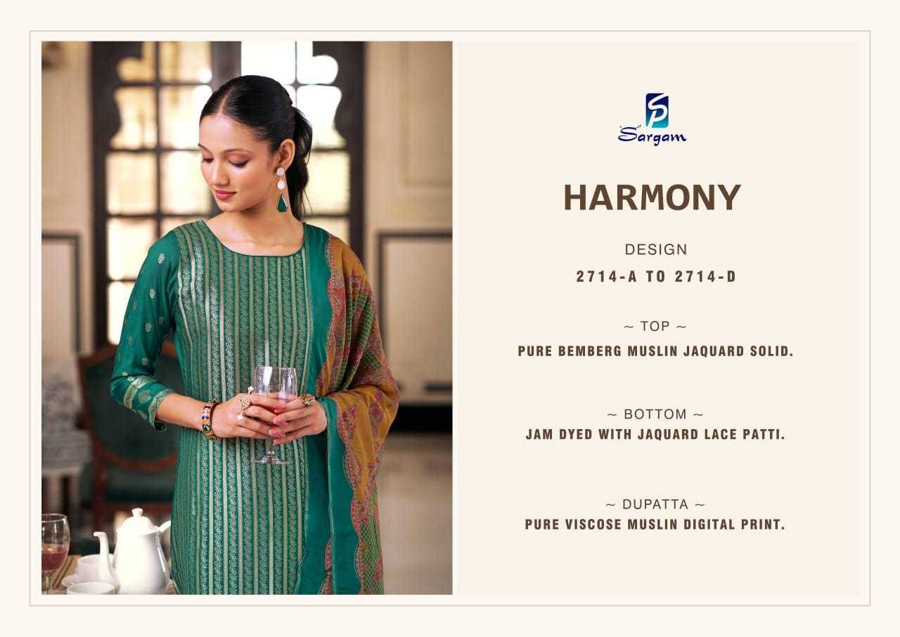 Harmony By Sargam Prints 2714-A To 2714-D Series Beautiful Festive Suits Stylish Fancy Colorful Casual Wear & Ethnic Wear Bemberg Muslin Jacquard Dresses At Wholesale Price