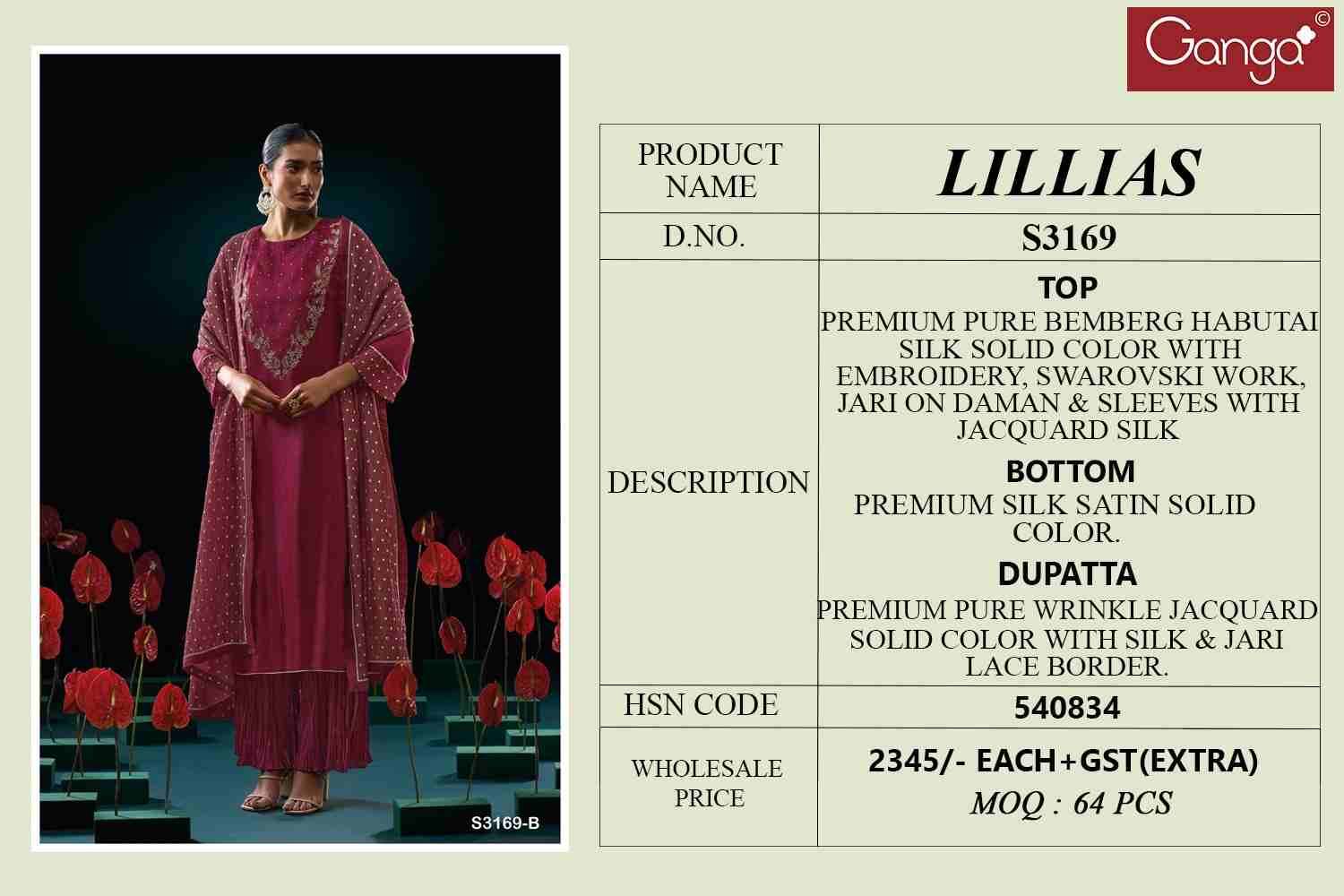 Lillias-3169 By Ganga Fashion 3169-A To 3169-C Series Beautiful Festive Suits Colorful Stylish Fancy Casual Wear & Ethnic Wear Pure Bemberg Silk Dresses At Wholesale Price