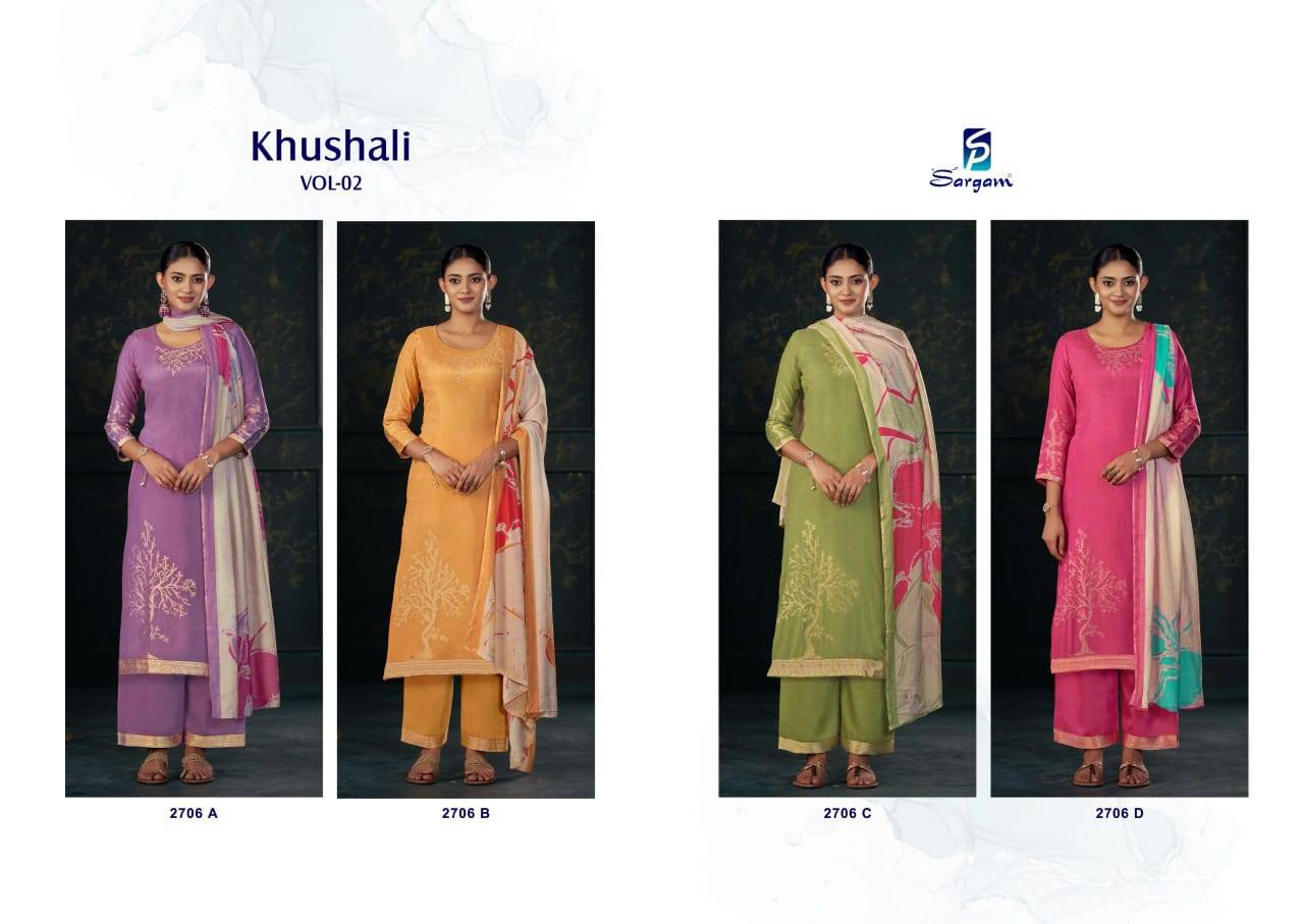 Khushali Vol-2 By Sargam Prints 2706-A To 2706-D Series Beautiful Festive Suits Stylish Fancy Colorful Casual Wear & Ethnic Wear Pure Bemberg Muslin Jacquard Print Dresses At Wholesale Price