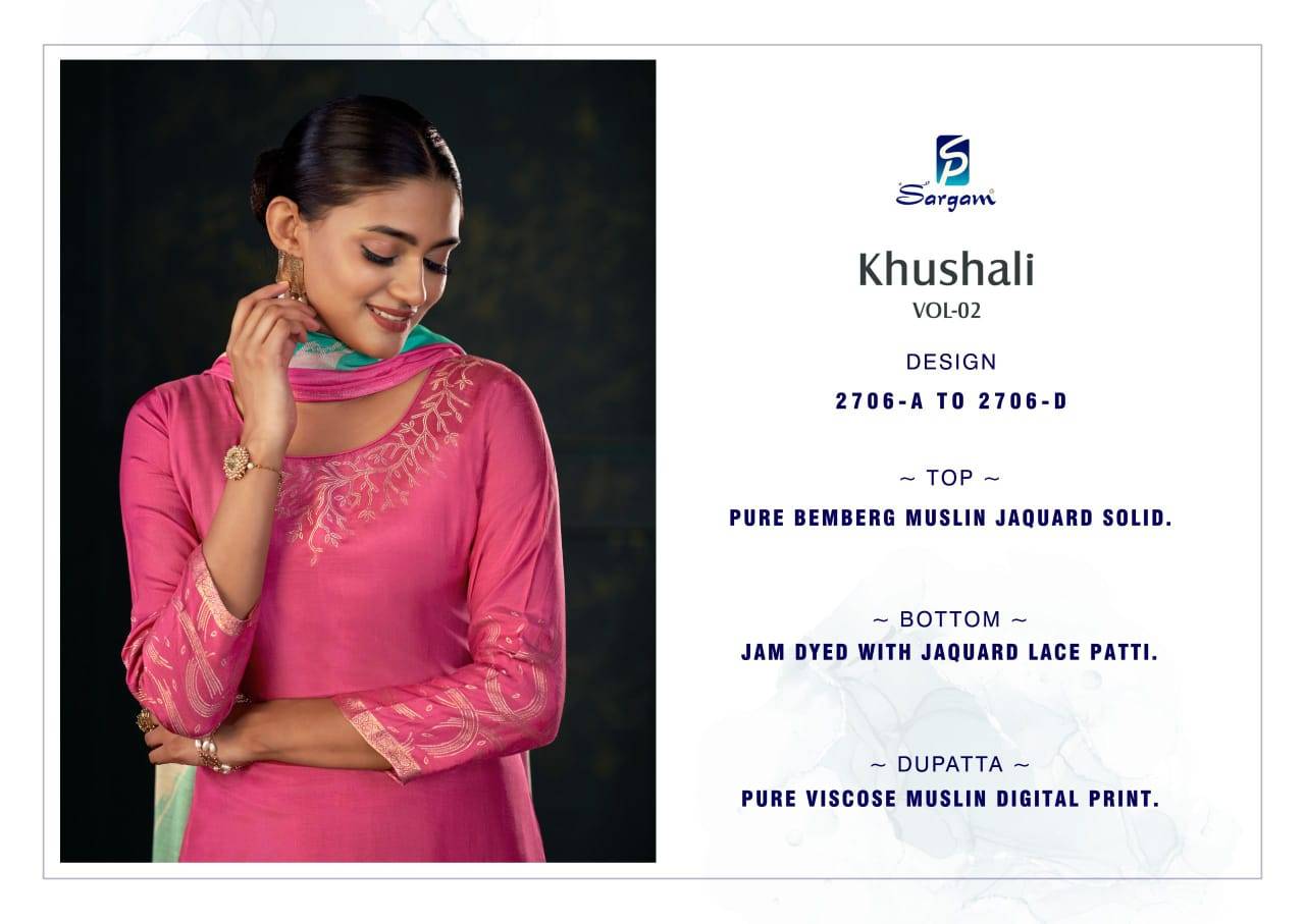 Khushali Vol-2 By Sargam Prints 2706-A To 2706-D Series Beautiful Festive Suits Stylish Fancy Colorful Casual Wear & Ethnic Wear Pure Bemberg Muslin Jacquard Print Dresses At Wholesale Price