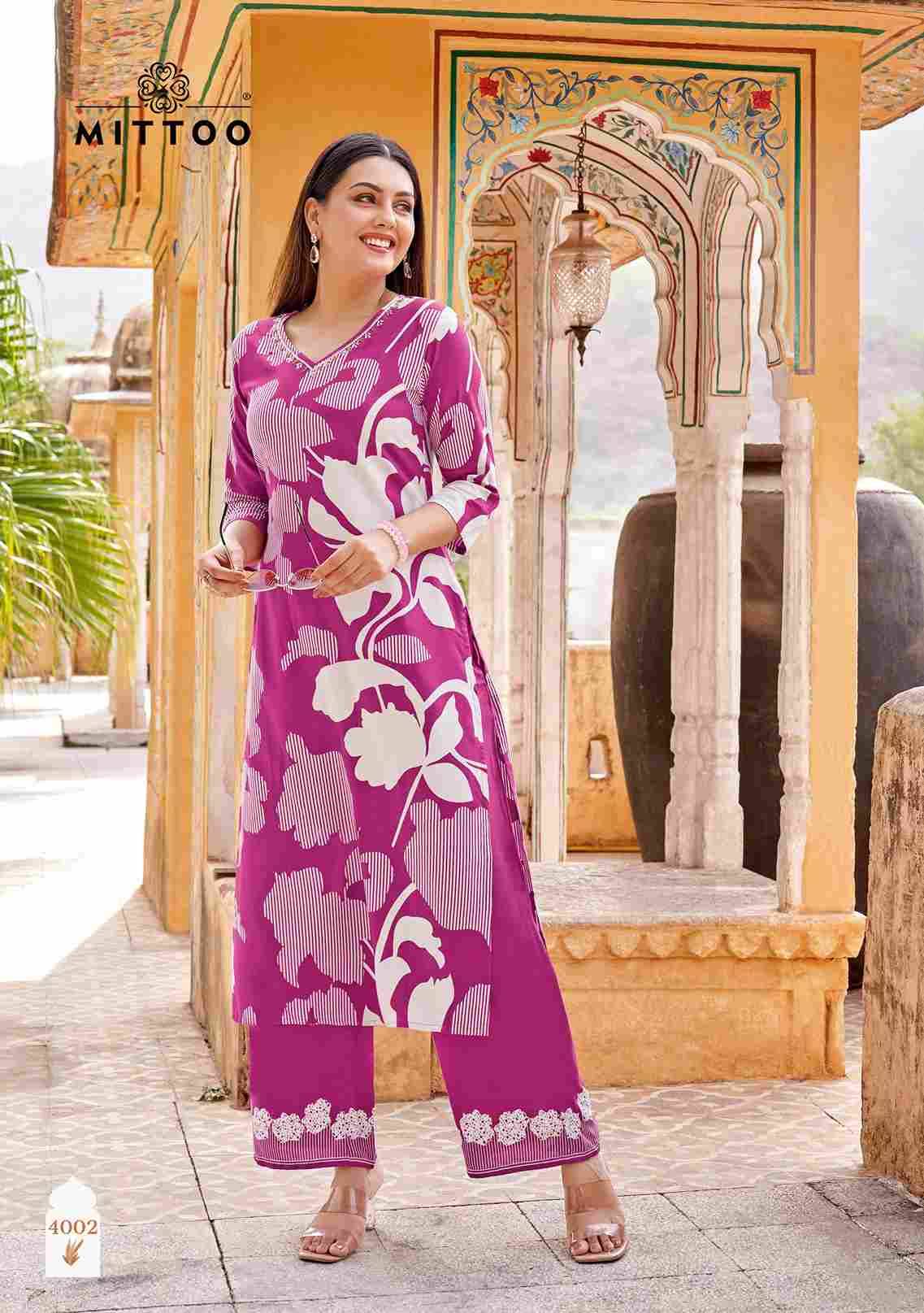 Naisha By Mittoo 4001 To 4006 Series Designer Stylish Fancy Colorful Beautiful Party Wear & Ethnic Wear Collection Rayon Print Kurtis With Bottom At Wholesale Price