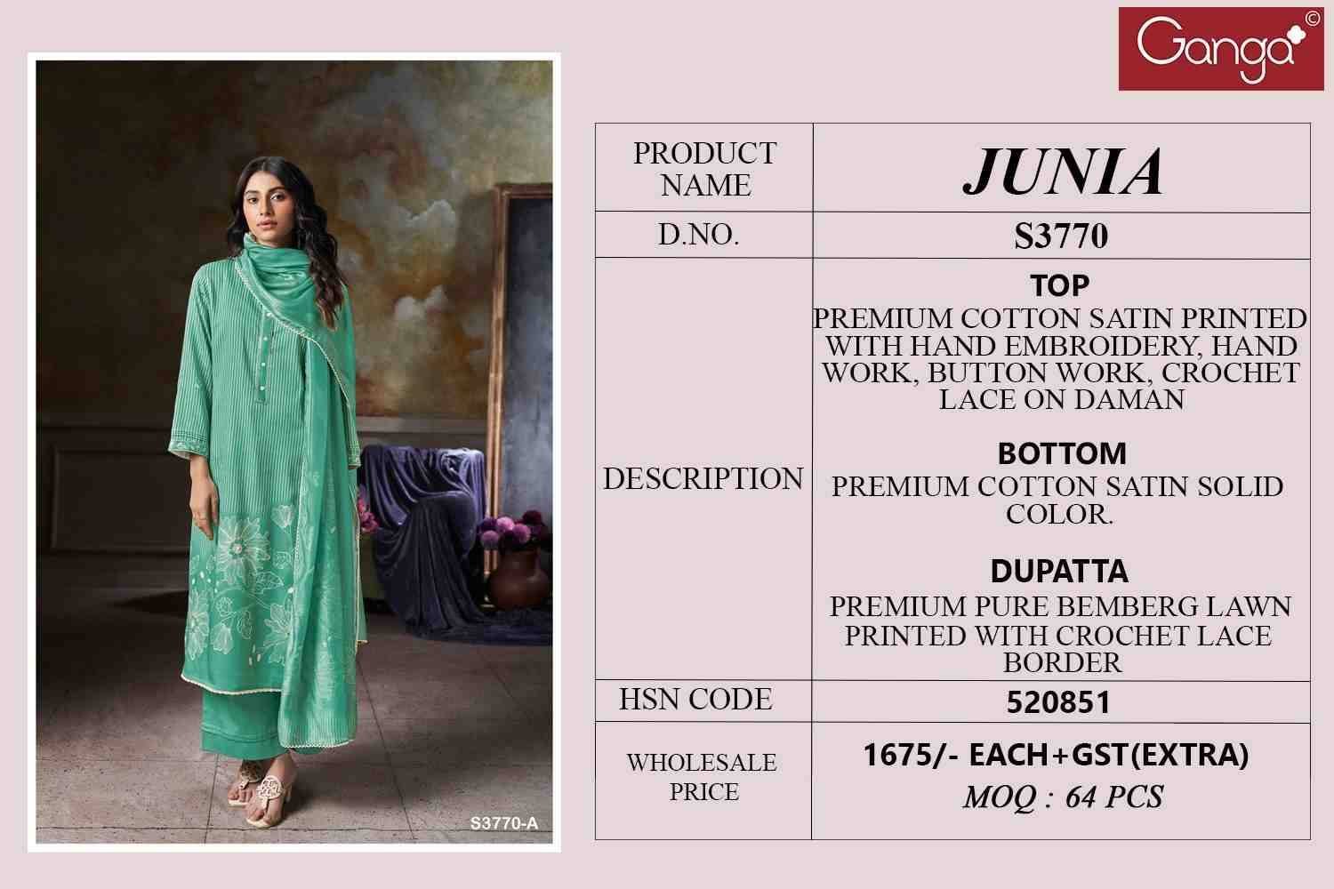 Junia-3770 By Ganga Fashion 3770-A To 3770-D Series Beautiful Festive Suits Colorful Stylish Fancy Casual Wear & Ethnic Wear Pure Cotton Satin Dresses At Wholesale Price