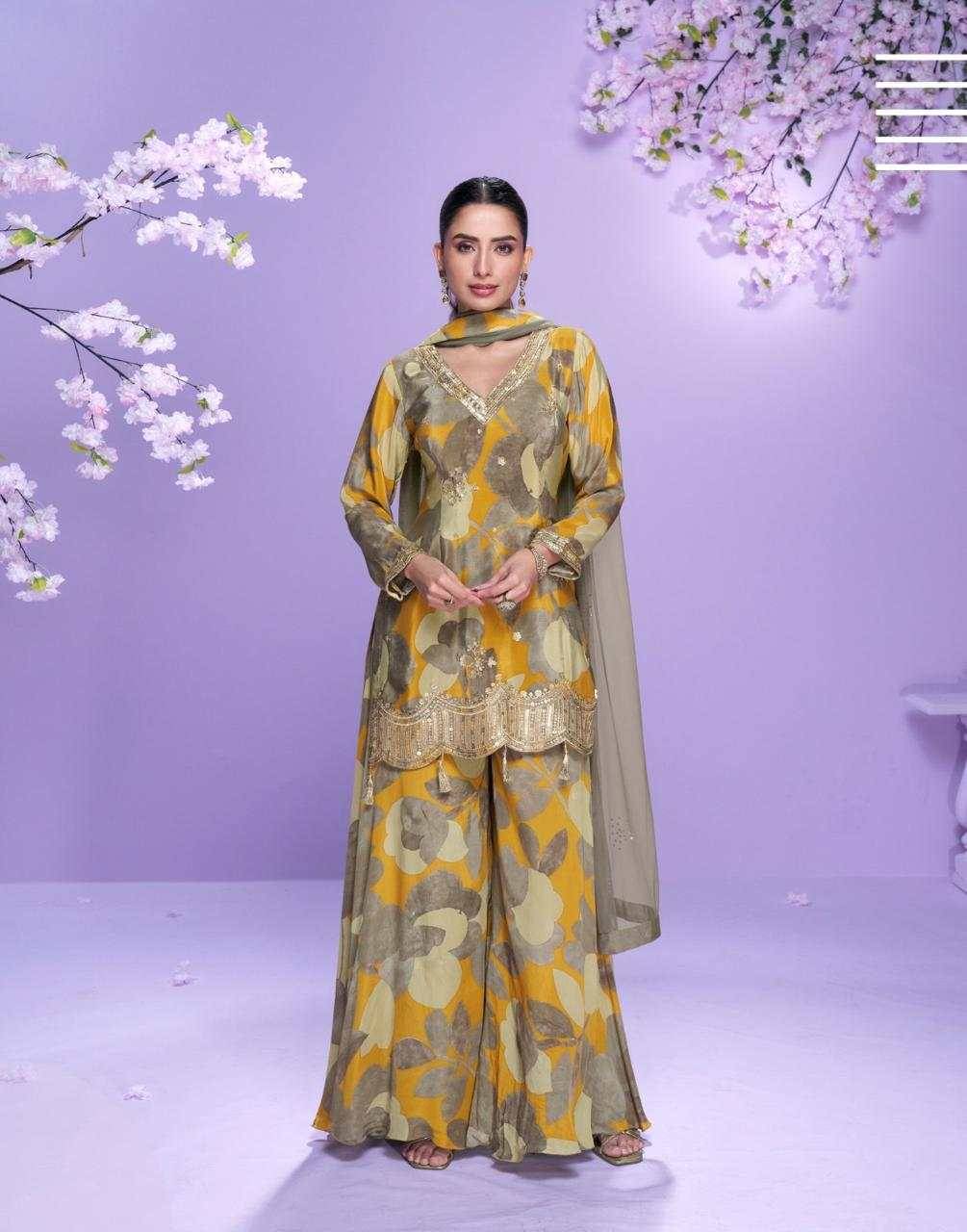 Vaani By Sayuri 10041 To 10044 Series Beautiful Sharara Suits Colorful Stylish Fancy Casual Wear & Ethnic Wear Chinnon Silk Dresses At Wholesale Price