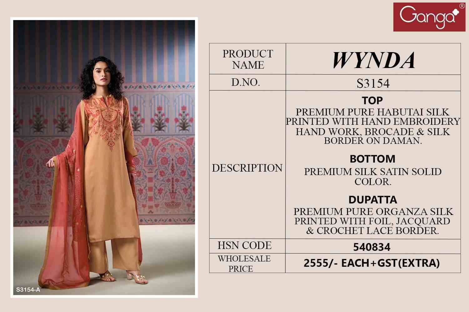 Wynda-3154 By Ganga Fashion 3154-A To 3154-D Series Beautiful Festive Suits Colorful Stylish Fancy Casual Wear & Ethnic Wear Pure Silk Dresses At Wholesale Price