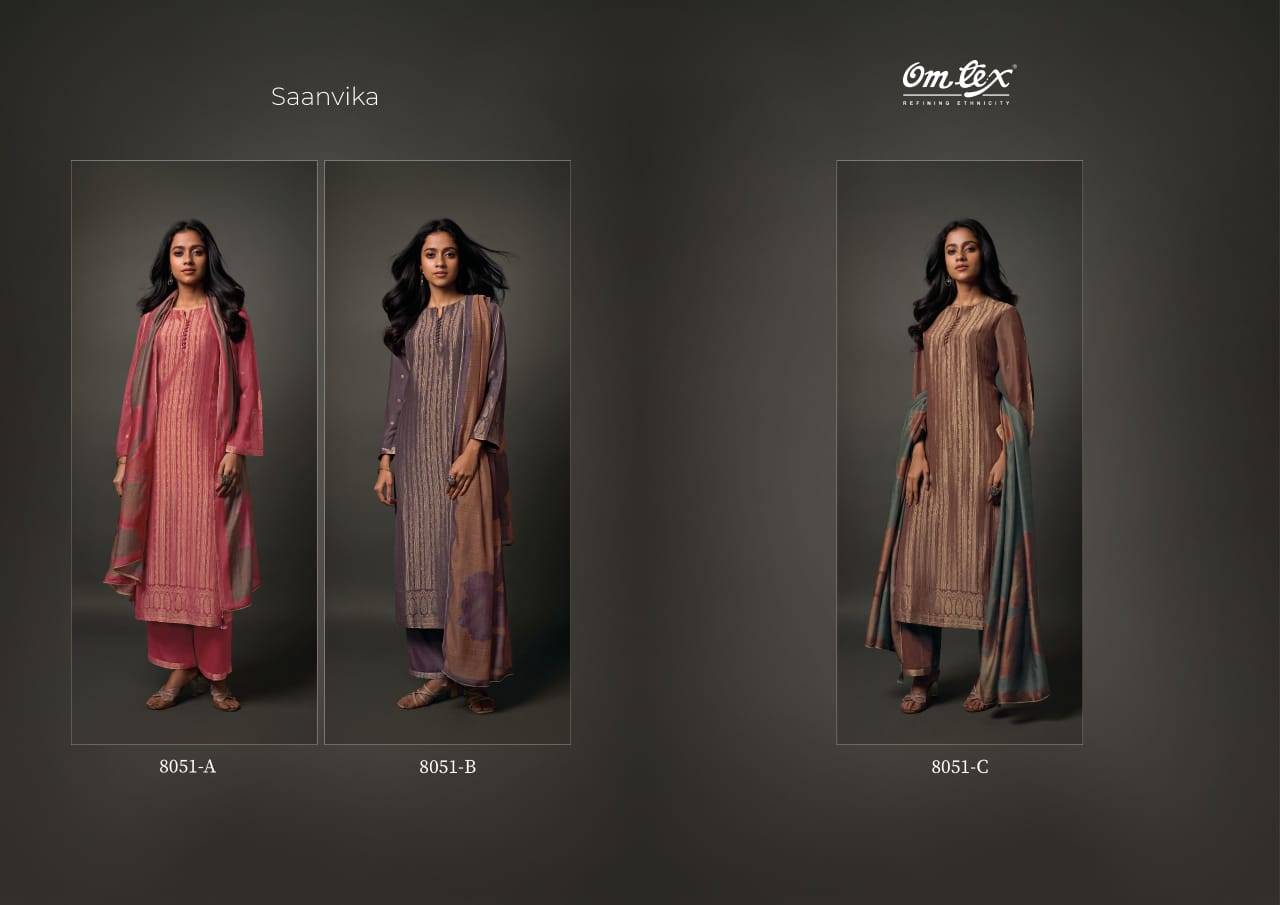 Saanvika By Om Tex 8051-A To 8051-C Series Beautiful Suits Stylish Fancy Colorful Party Wear & Ethnic Wear Muslin Jacquard Dresses At Wholesale Price