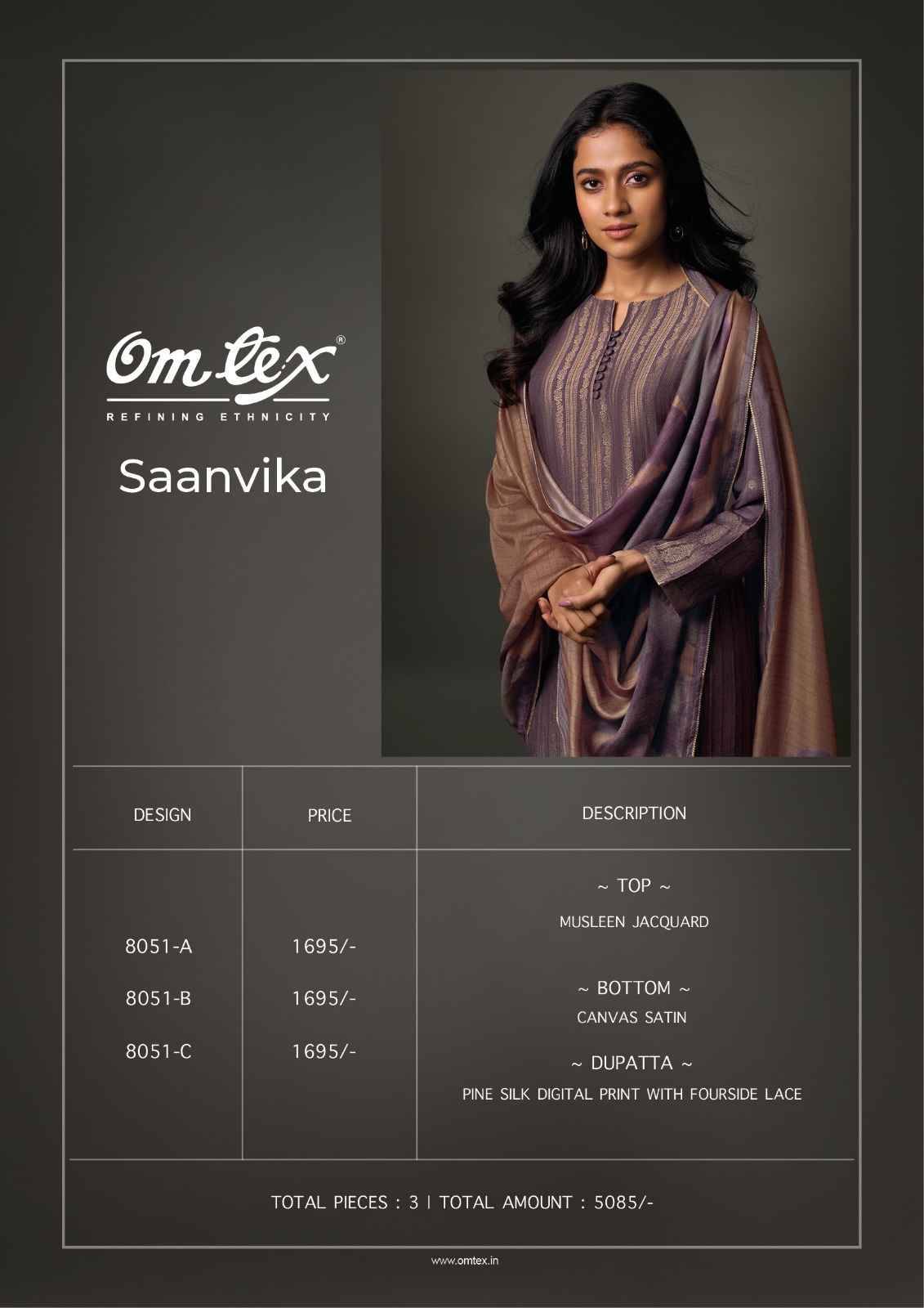 Saanvika By Om Tex 8051-A To 8051-C Series Beautiful Suits Stylish Fancy Colorful Party Wear & Ethnic Wear Muslin Jacquard Dresses At Wholesale Price