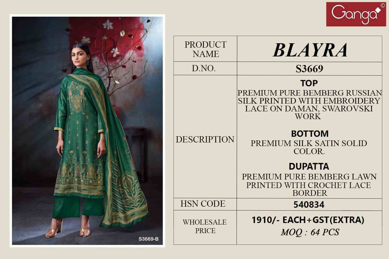 Blayra-3669 By Ganga Fashion 3669-A To 3669-D Series Beautiful Festive Suits Colorful Stylish Fancy Casual Wear & Ethnic Wear Pure Bemberg Silk Dresses At Wholesale Price