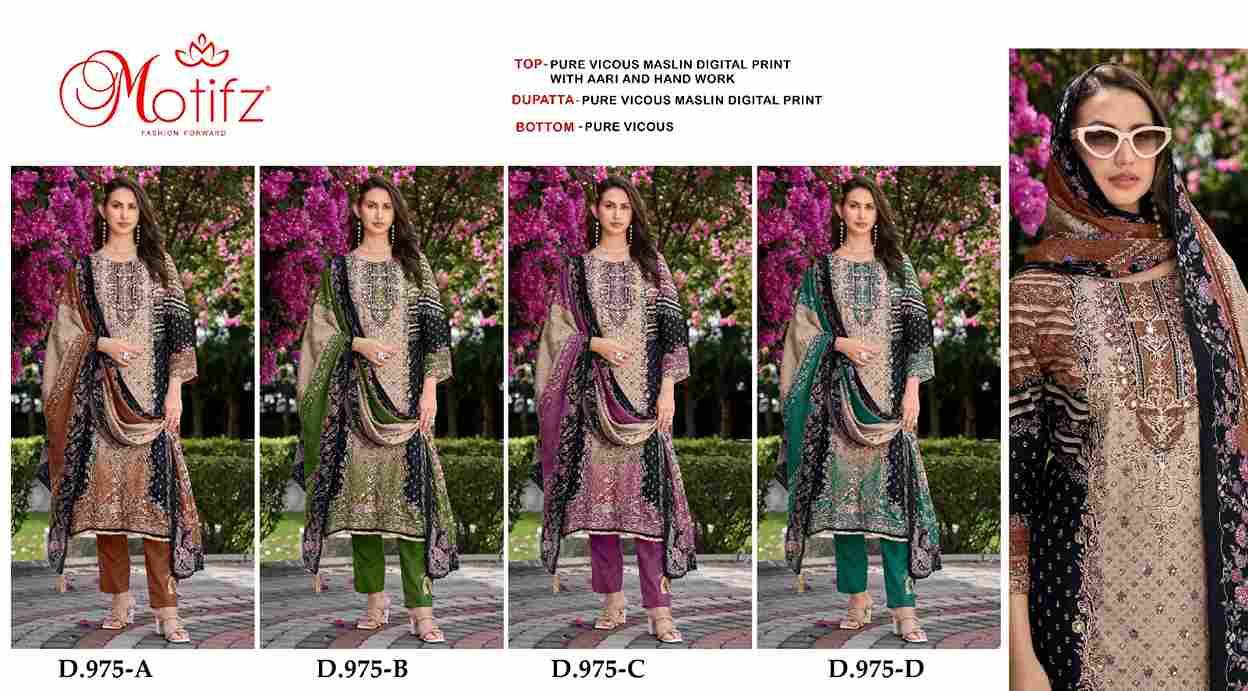 Motifz Hit Design 975 Colours By Motifz 975-A To 975-D Series Beautiful Pakistani Suits Colorful Stylish Fancy Casual Wear & Ethnic Wear Viscose Muslin Dresses At Wholesale Price