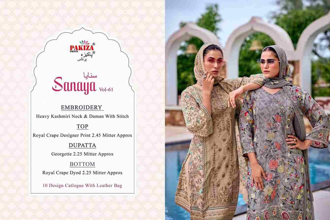 Sanaya Vol-61 By Pakiza Prints 6101 To 6110 Series Beautiful Festive Suits Stylish Fancy Colorful Party Wear & Occasional Wear Royal Crepe Dresses At Wholesale Price