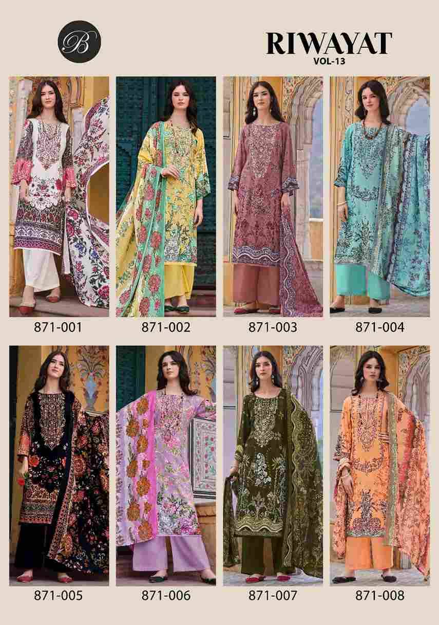 Riwayat Vol-13 By Belliza 871-001 To 871-008 Series Beautiful Festive Suits Stylish Fancy Colorful Casual Wear & Ethnic Wear Pure Viscose Rayon Print Dresses At Wholesale Price