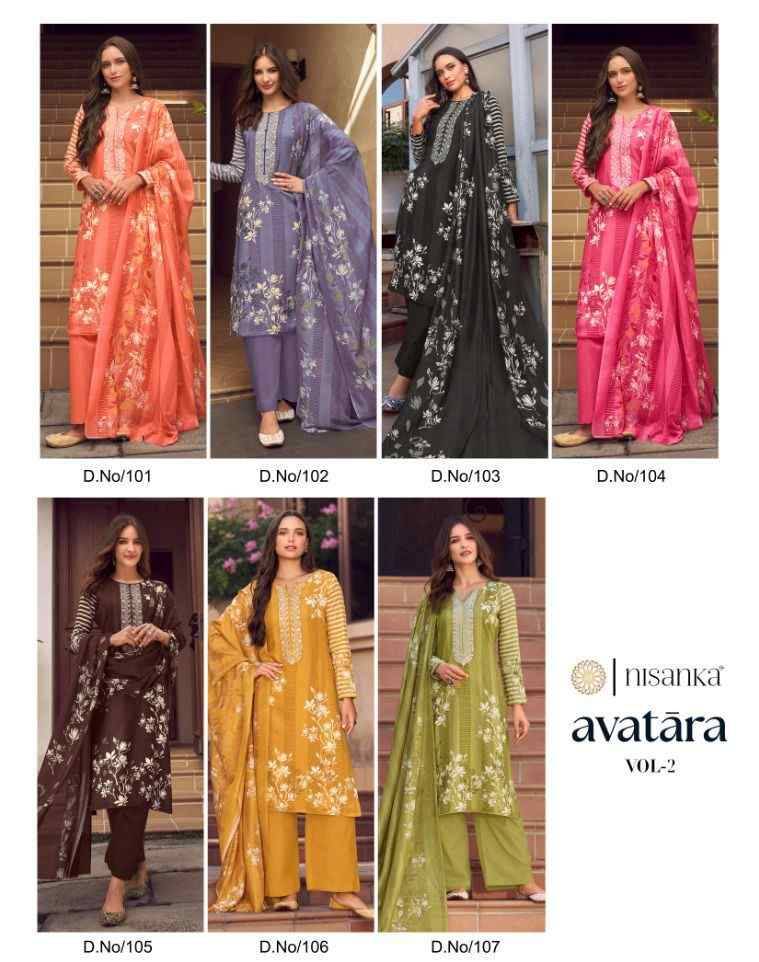Avatara Vol-2 By Nisanka 101 To 107 Series Beautiful Festive Suits Colorful Stylish Fancy Casual Wear & Ethnic Wear Viscose Lawn Dresses At Wholesale Price