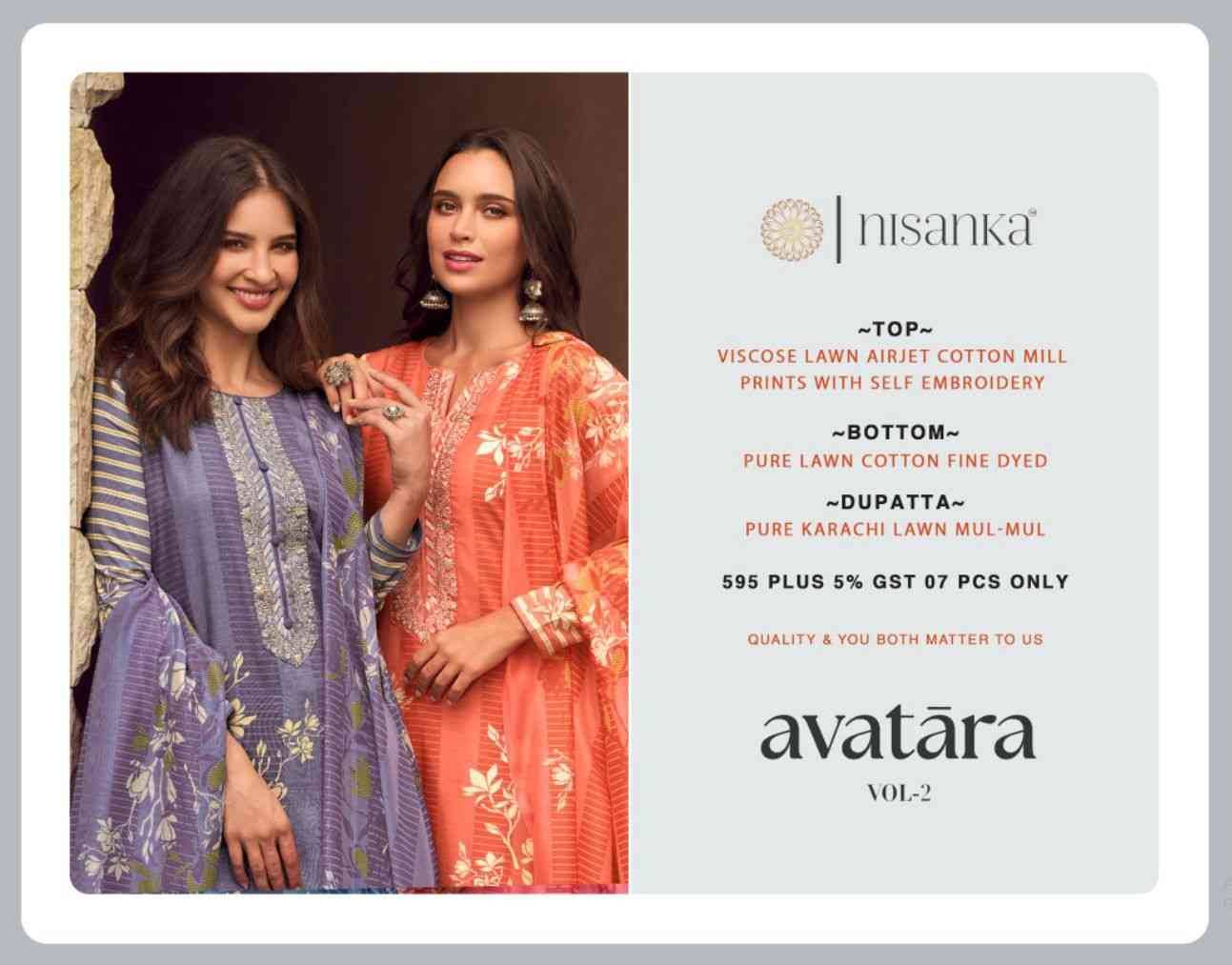 Avatara Vol-2 By Nisanka 101 To 107 Series Beautiful Festive Suits Colorful Stylish Fancy Casual Wear & Ethnic Wear Viscose Lawn Dresses At Wholesale Price