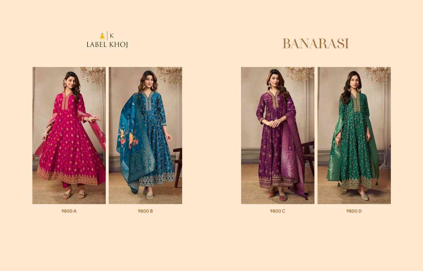 Banarasi By Label Khoj Combo Set 9800-A To 9800-D Series Beautiful Anarkali Suits Stylish Fancy Colorful Casual Wear & Ethnic Wear Vichitra Jacquard Dresses At Wholesale Price