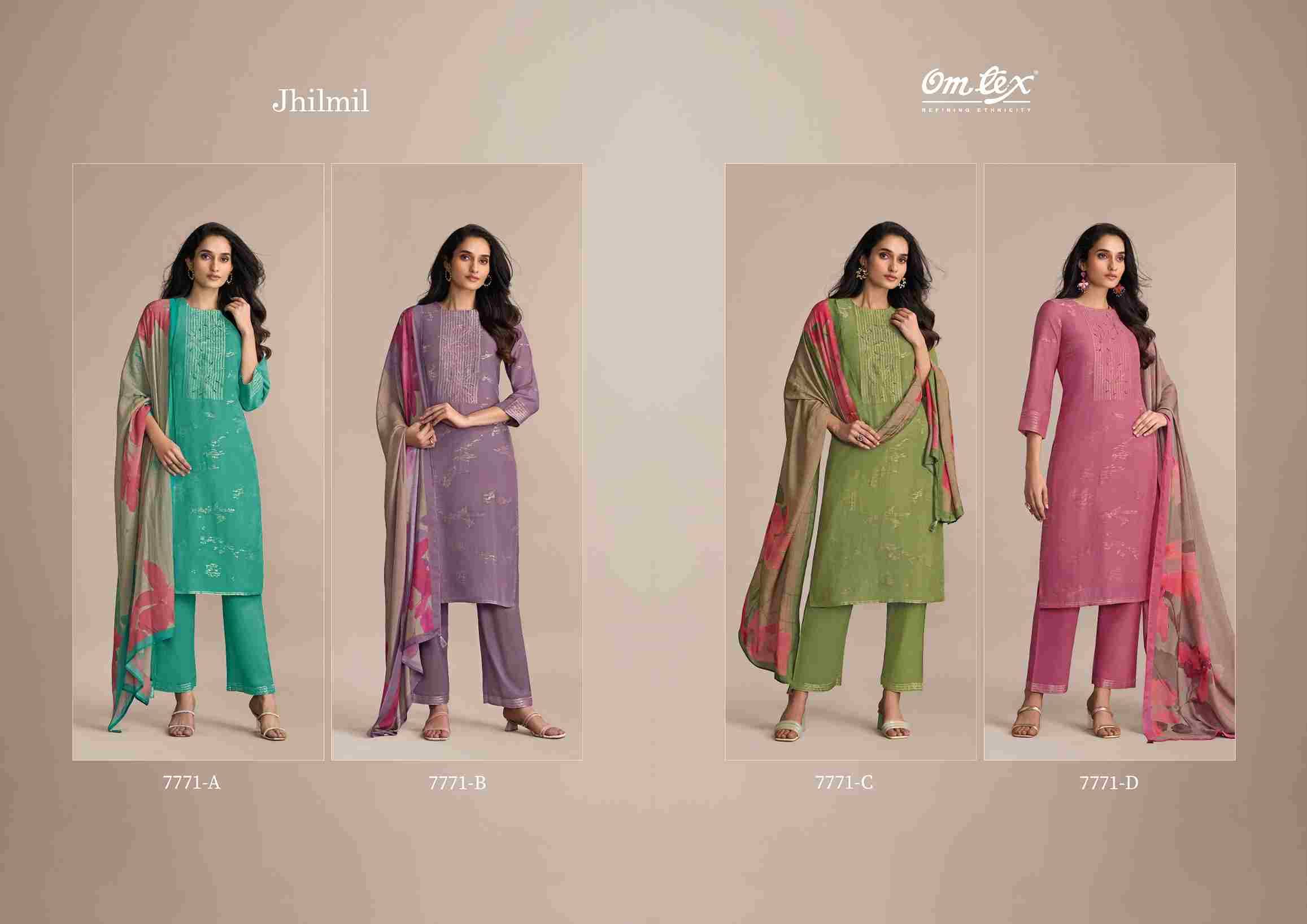 Jhilmil By Om Tex 7771-A To 7771-D Series Beautiful Suits Stylish Fancy Colorful Party Wear & Ethnic Wear Linen Jacquard Dresses At Wholesale Price