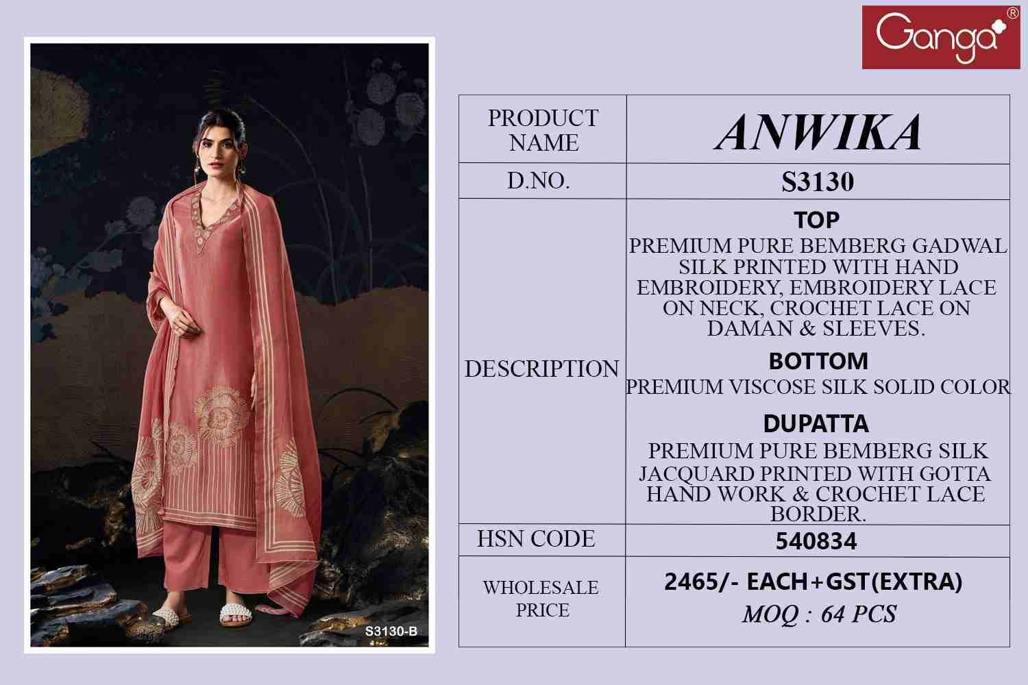 Anwika-3130 By Ganga Fashion 3130-A To 3130-D Series Beautiful Festive Suits Colorful Stylish Fancy Casual Wear & Ethnic Wear Pure Bemberg Silk Dresses At Wholesale Price