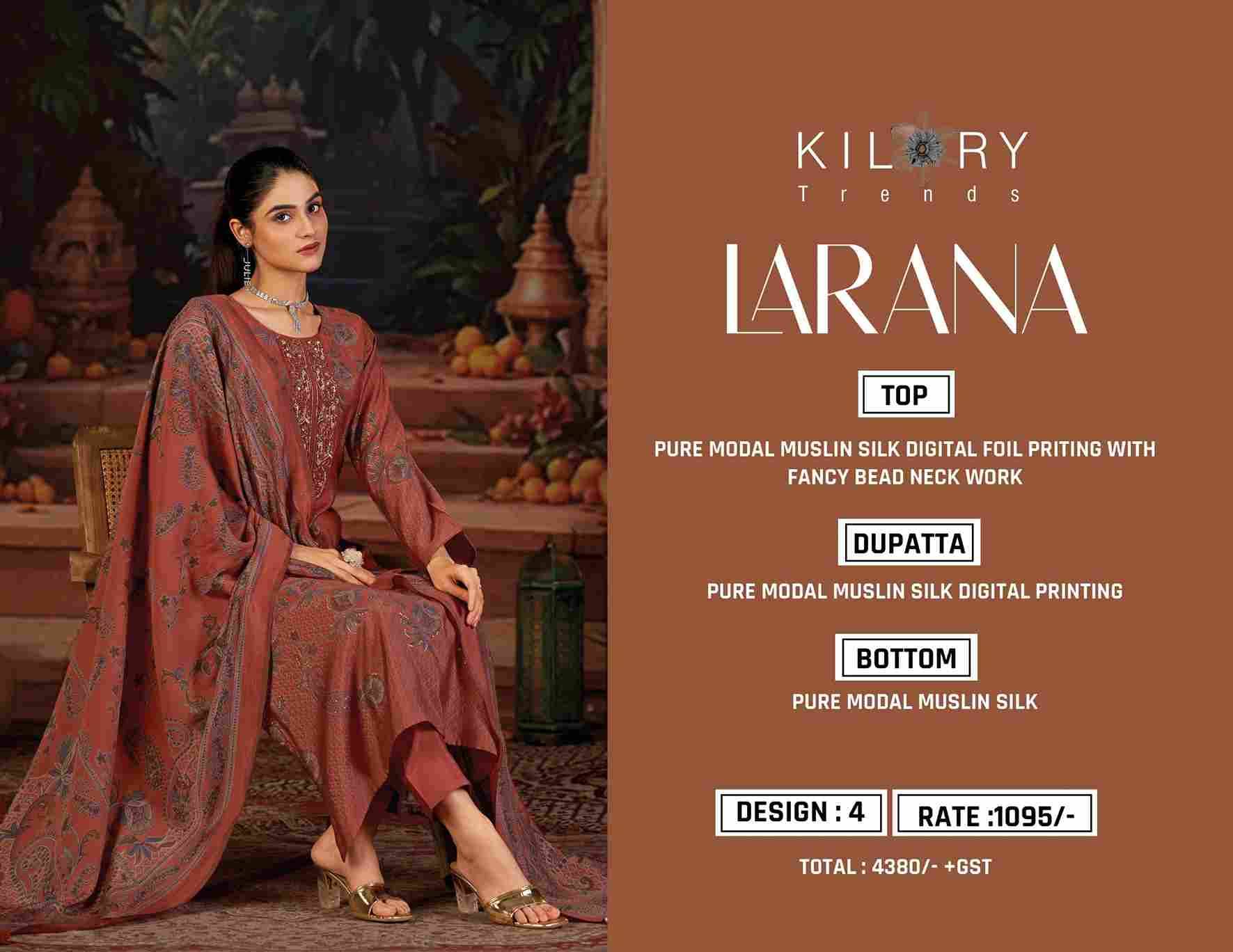 Larana By Kilory 1771 To 1774 Series Beautiful Festive Suits Colorful Stylish Fancy Casual Wear & Ethnic Wear Pure Muslin Silk Dresses At Wholesale Price