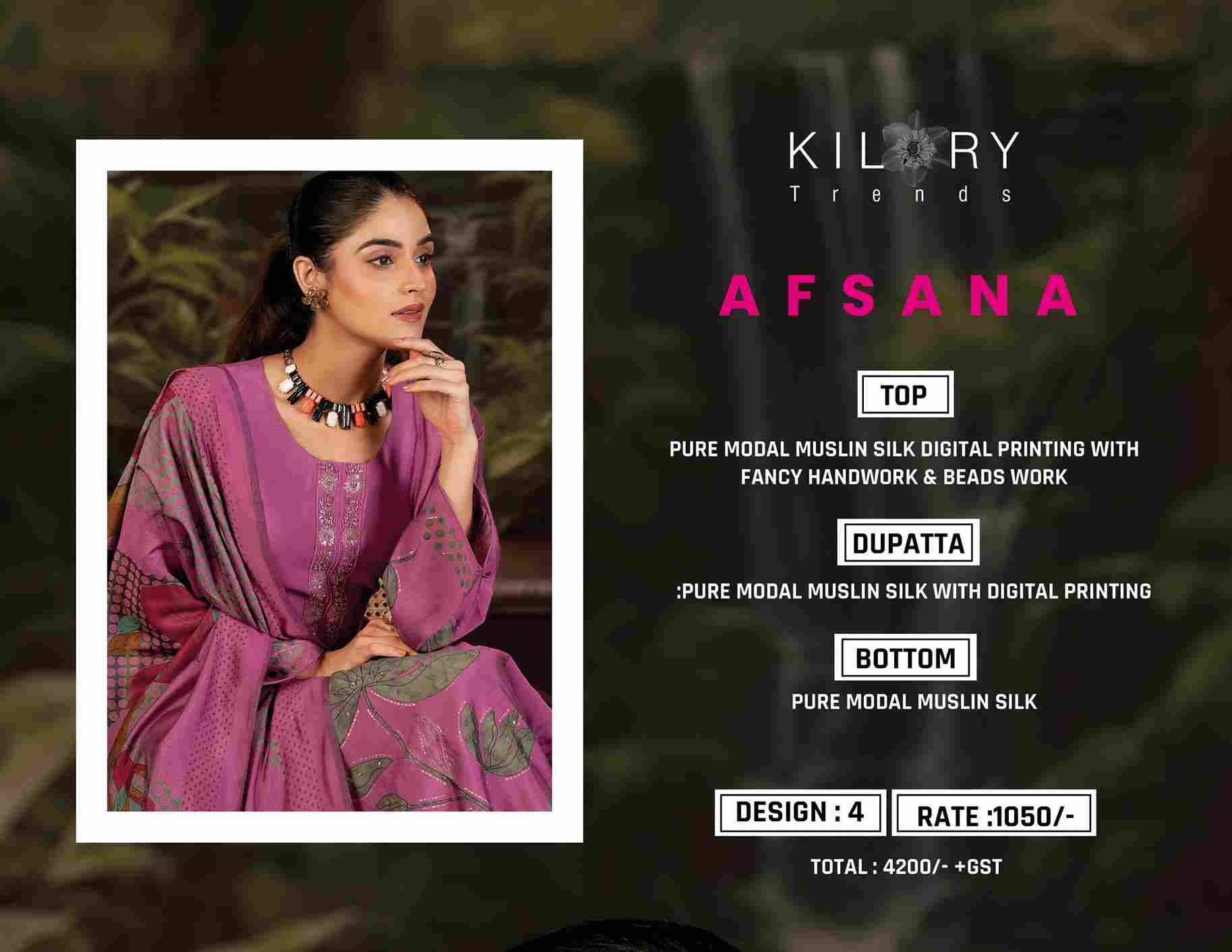 Afsana By Kilory 1761 To 1764 Series Beautiful Festive Suits Colorful Stylish Fancy Casual Wear & Ethnic Wear Pure Muslin Silk Dresses At Wholesale Price