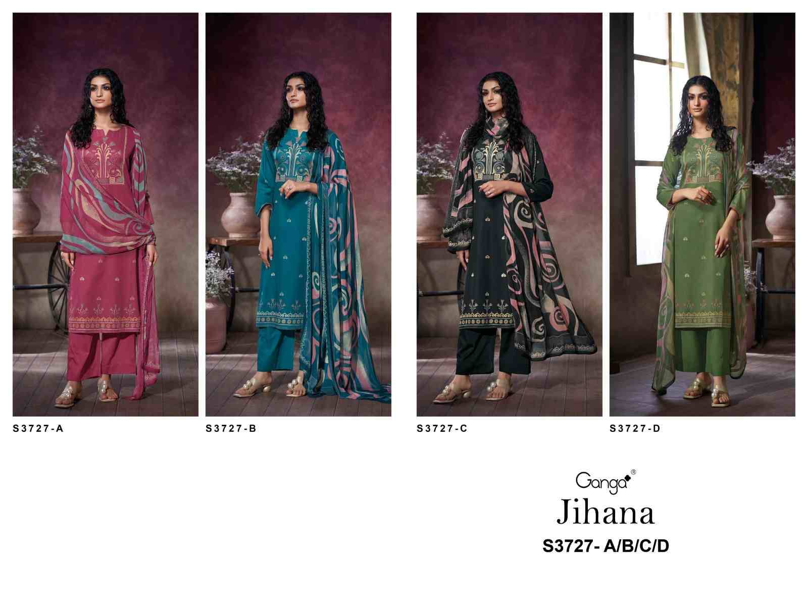 Jihana-3727 By Ganga Fashion 3727-A To 3727-D Series Beautiful Festive Suits Colorful Stylish Fancy Casual Wear & Ethnic Wear Pure Cotton Satin Dresses At Wholesale Price