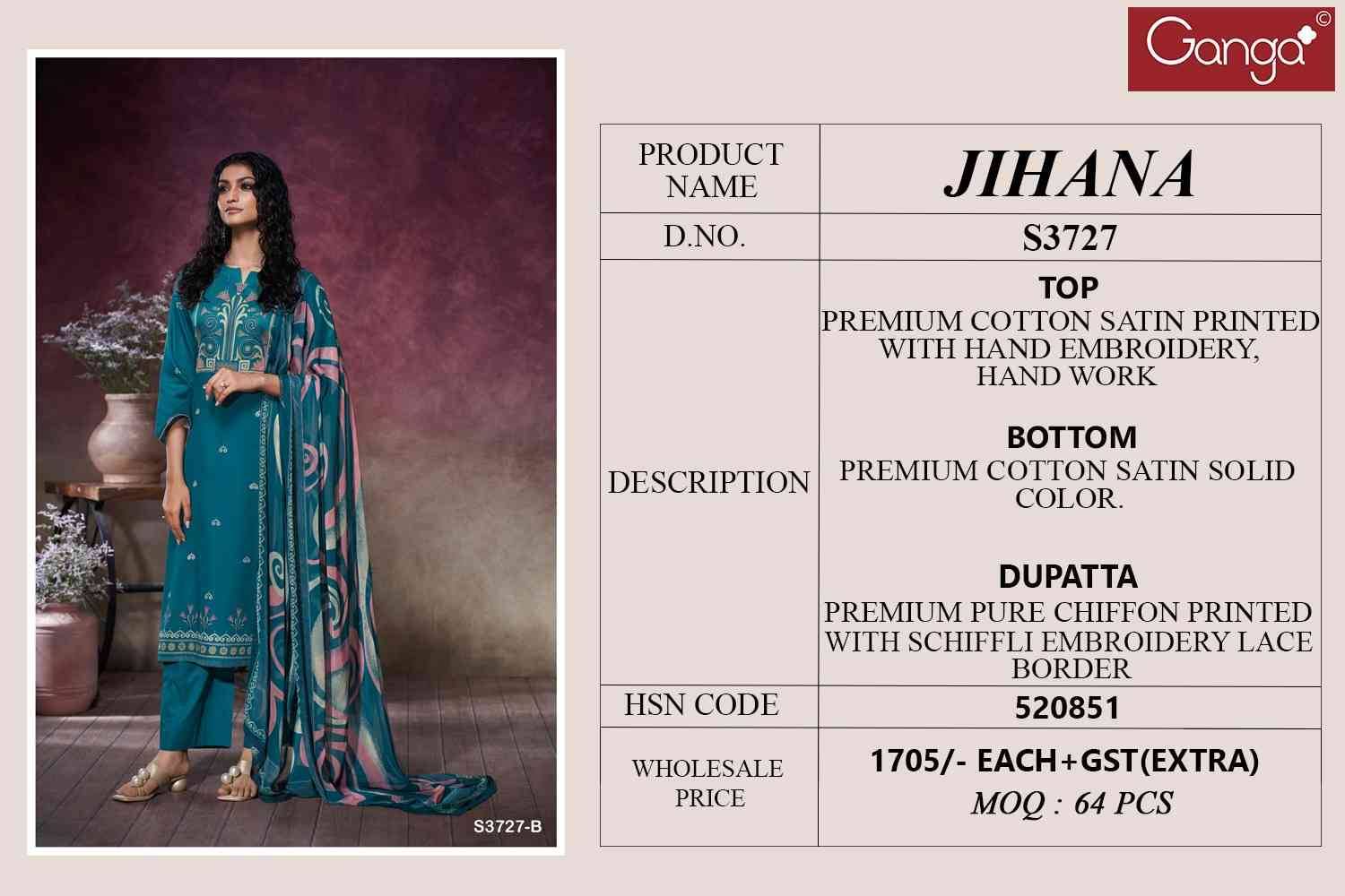 Jihana-3727 By Ganga Fashion 3727-A To 3727-D Series Beautiful Festive Suits Colorful Stylish Fancy Casual Wear & Ethnic Wear Pure Cotton Satin Dresses At Wholesale Price