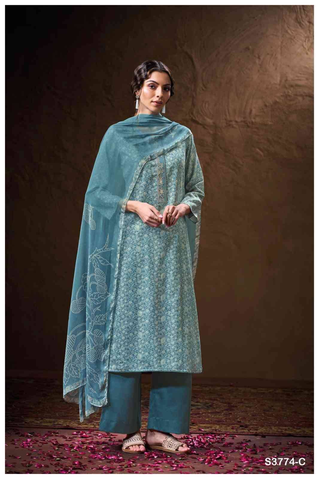 Monaly-3774 By Ganga Fashion 3774-A To 3774-D Series Beautiful Festive Suits Colorful Stylish Fancy Casual Wear & Ethnic Wear Pure Cotton Satin Dresses At Wholesale Price