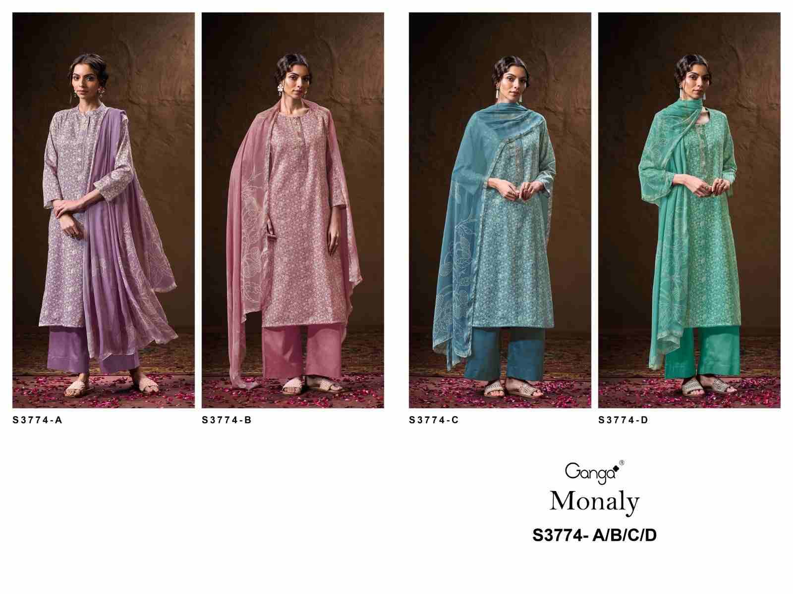 Monaly-3774 By Ganga Fashion 3774-A To 3774-D Series Beautiful Festive Suits Colorful Stylish Fancy Casual Wear & Ethnic Wear Pure Cotton Satin Dresses At Wholesale Price