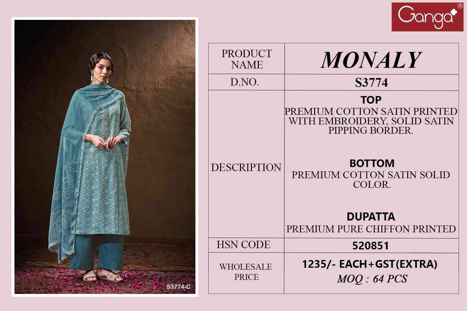 Monaly-3774 By Ganga Fashion 3774-A To 3774-D Series Beautiful Festive Suits Colorful Stylish Fancy Casual Wear & Ethnic Wear Pure Cotton Satin Dresses At Wholesale Price
