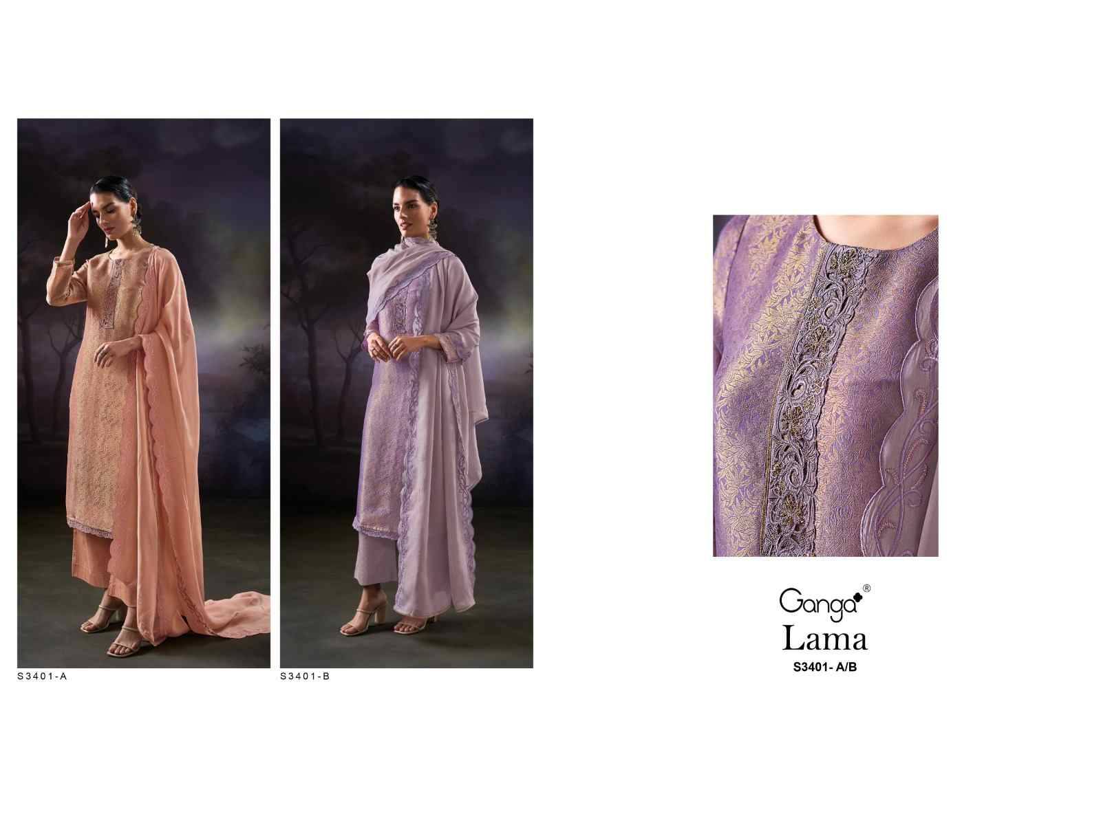 Lama-3401 By Ganga Fashion 3401-A To 3401-B Series Beautiful Festive Suits Colorful Stylish Fancy Casual Wear & Ethnic Wear Pure Bemberg Silk Dresses At Wholesale Price
