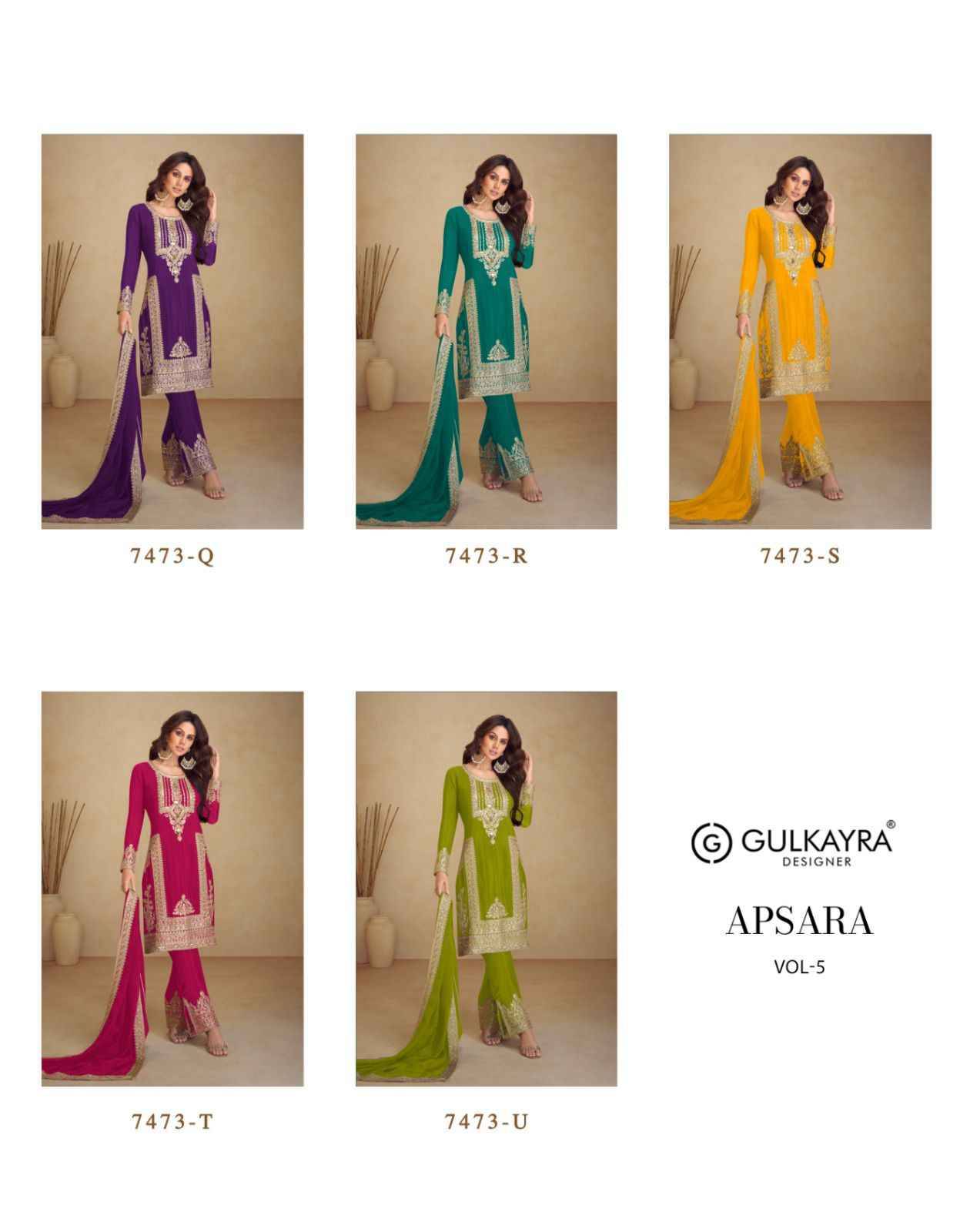 Apsara Vol-5 By Gulkayra Designer 7473-Q To 7473-U Series Beautiful Festive Suits Colorful Stylish Fancy Casual Wear & Ethnic Wear Chinnon With Work Dresses At Wholesale Price