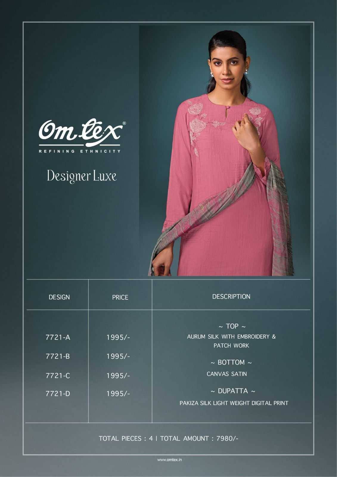 Designer Luxe By Om Tex 7721-A To 7721-D Series Beautiful Suits Stylish Fancy Colorful Party Wear & Ethnic Wear Silk Dresses At Wholesale Price