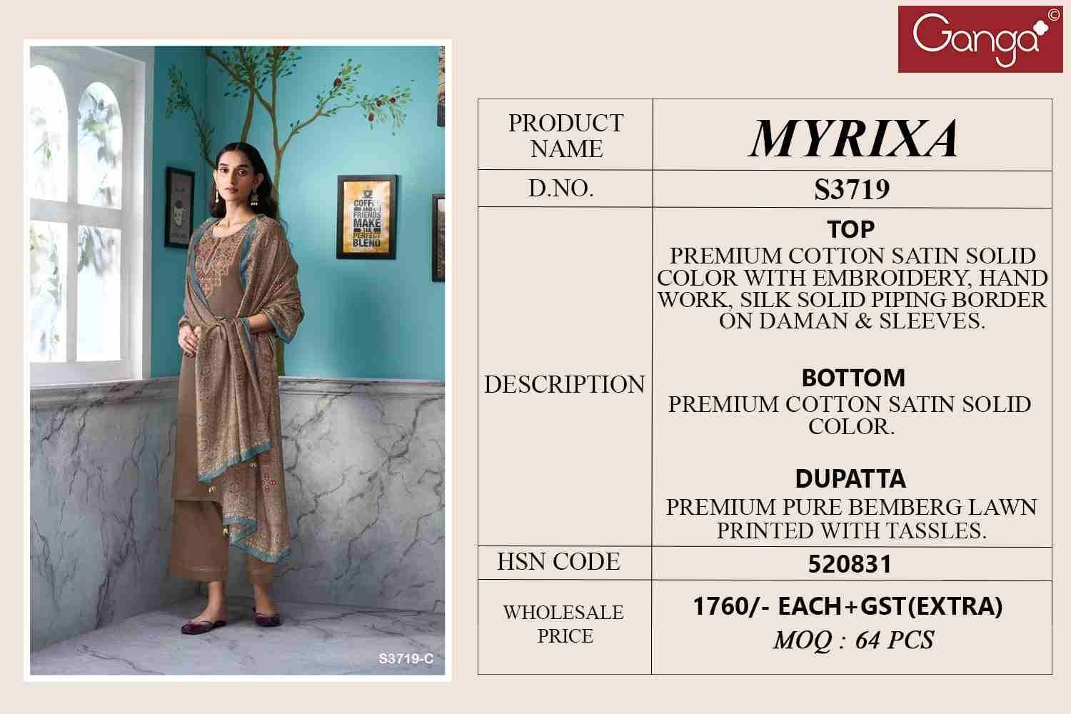 Myrixa-3719 By Ganga Fashion 3719-A To 3719-D Series Beautiful Festive Suits Colorful Stylish Fancy Casual Wear & Ethnic Wear Pure Cotton Satin Dresses At Wholesale Price