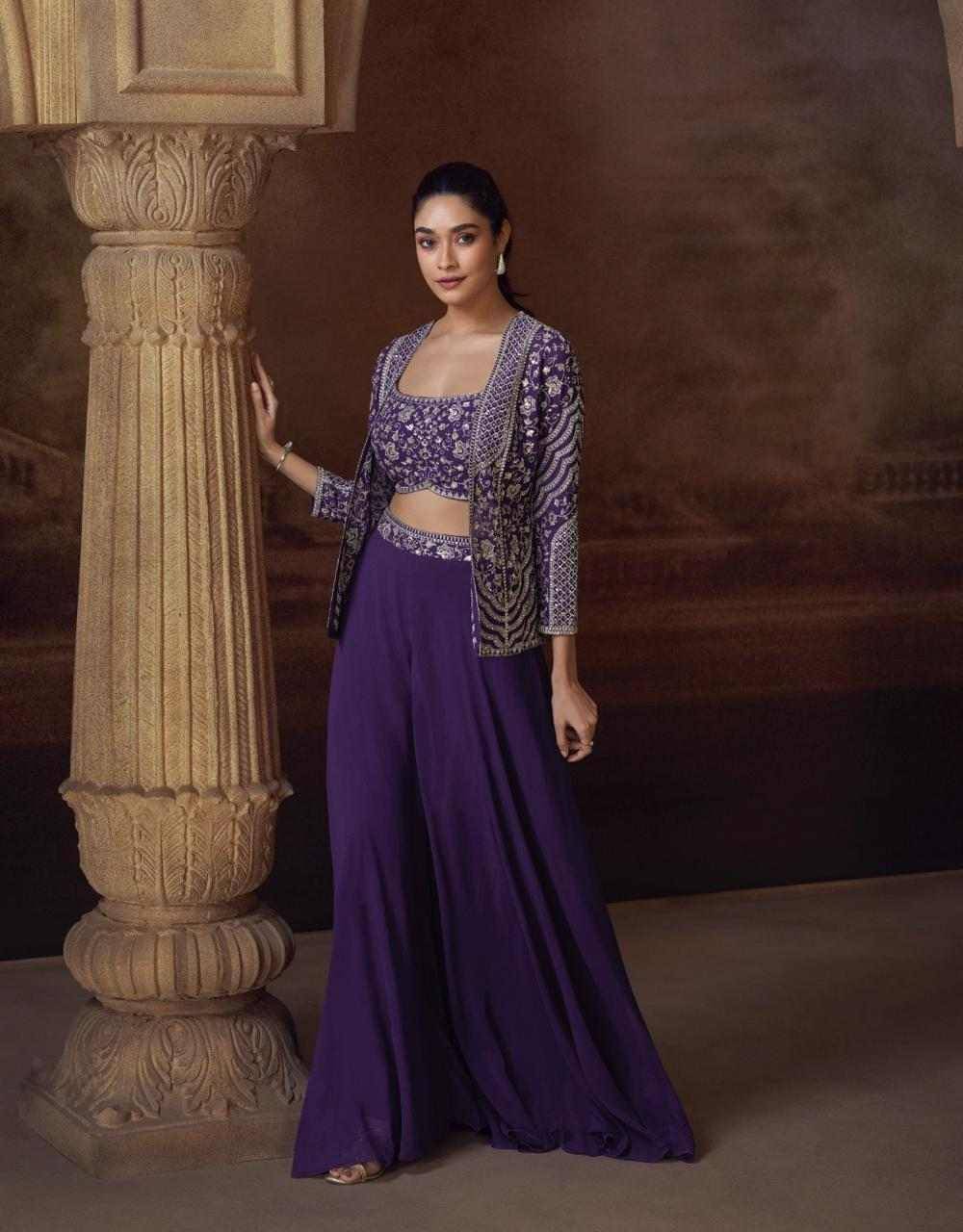 Silky By Sayuri 5828 To 5830 Series Designer Beautiful Festive Collection Occasional Wear & Party Wear Pure Chinnon Silk Crop Top With Bottom And Jacket At Wholesale Price