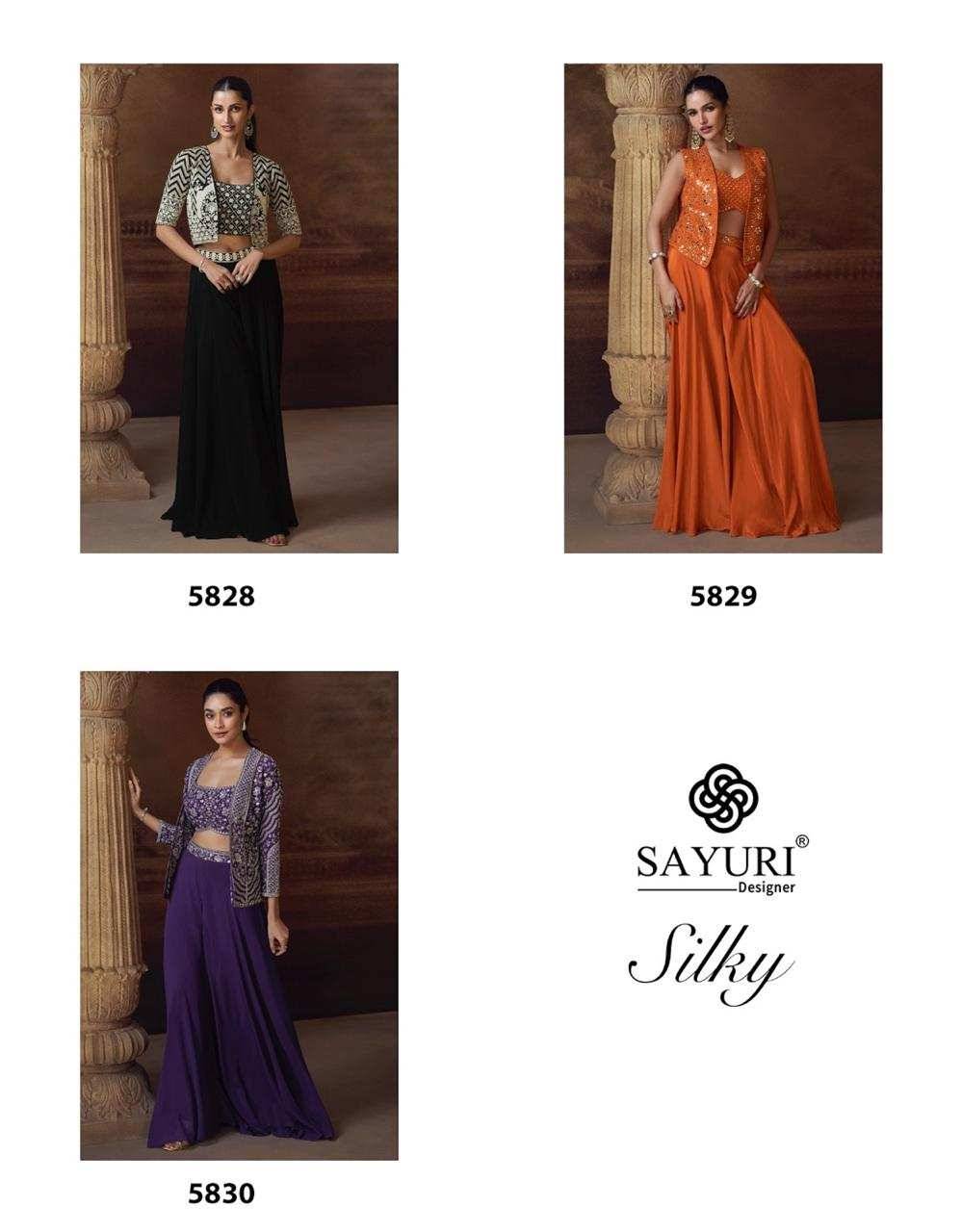 Silky By Sayuri 5828 To 5830 Series Designer Beautiful Festive Collection Occasional Wear & Party Wear Pure Chinnon Silk Crop Top With Bottom And Jacket At Wholesale Price