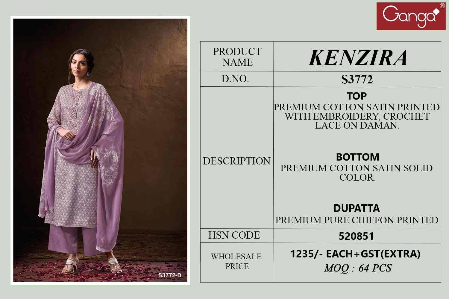 Kenzira-3772 By Ganga Fashion 3772-A To 3772-D Series Beautiful Festive Suits Colorful Stylish Fancy Casual Wear & Ethnic Wear Pure Cotton Satin Dresses At Wholesale Price
