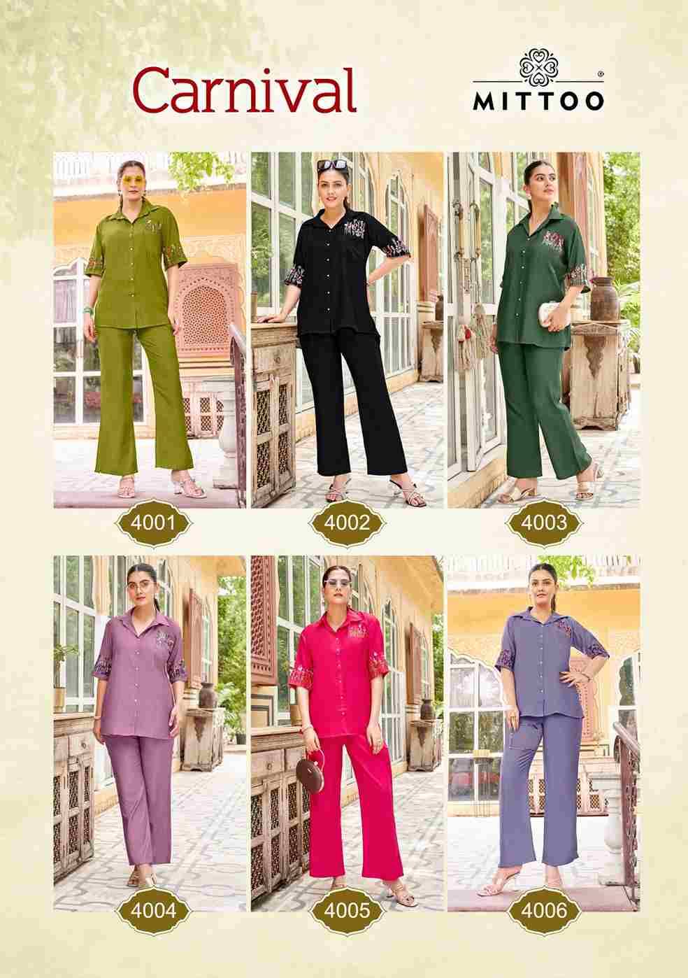 Carnival By Mittoo 4001 To 4006 Series Designer Stylish Fancy Colorful Beautiful Party Wear & Ethnic Wear Collection Viscose Tops With Bottom At Wholesale Price