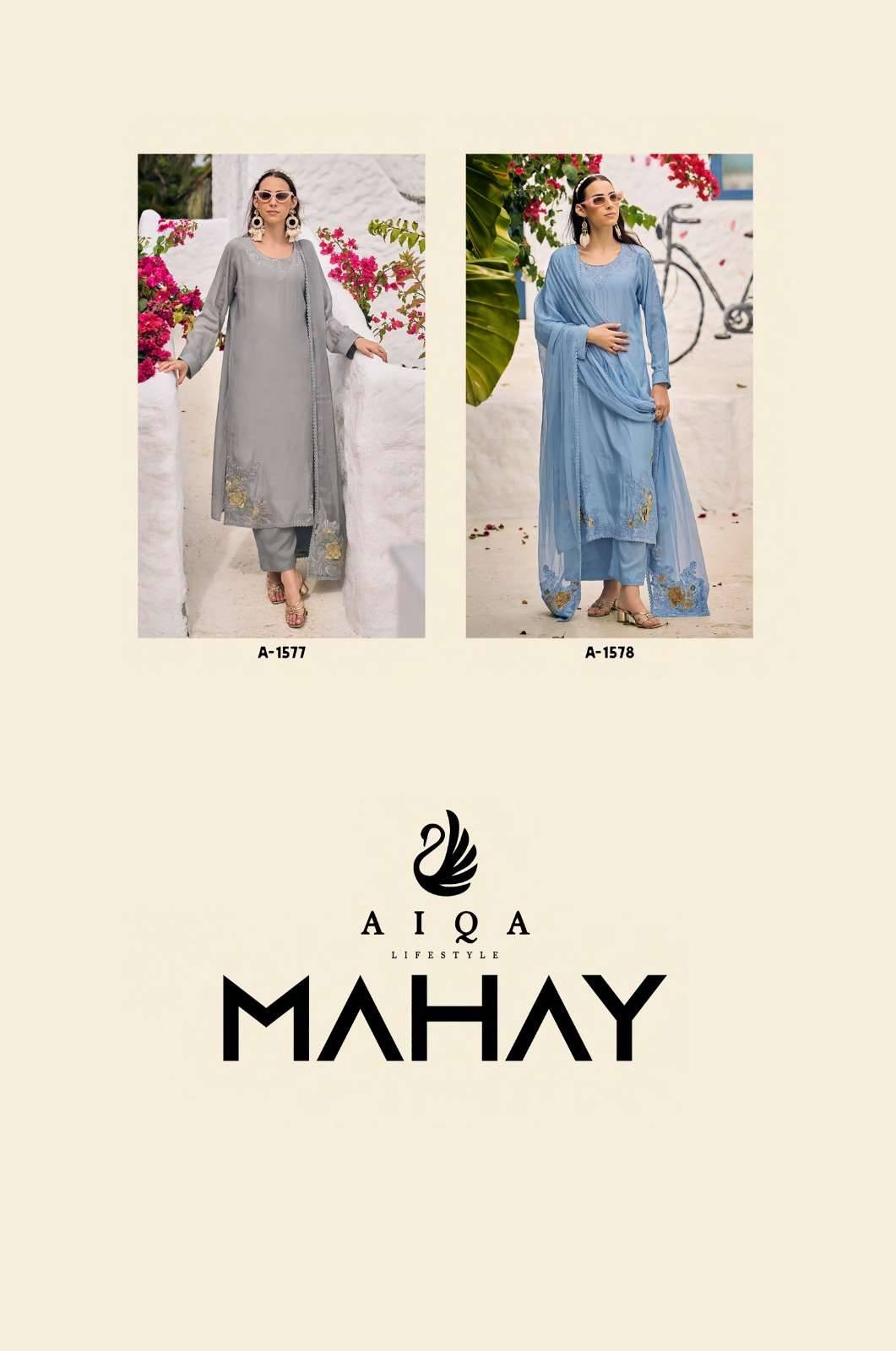 Mahay By Aiqa 1573 To 1578 Series Beautiful Festive Suits Colorful Stylish Fancy Casual Wear & Ethnic Wear Pure Bemberg Muslin Silk With Work Dresses At Wholesale Price