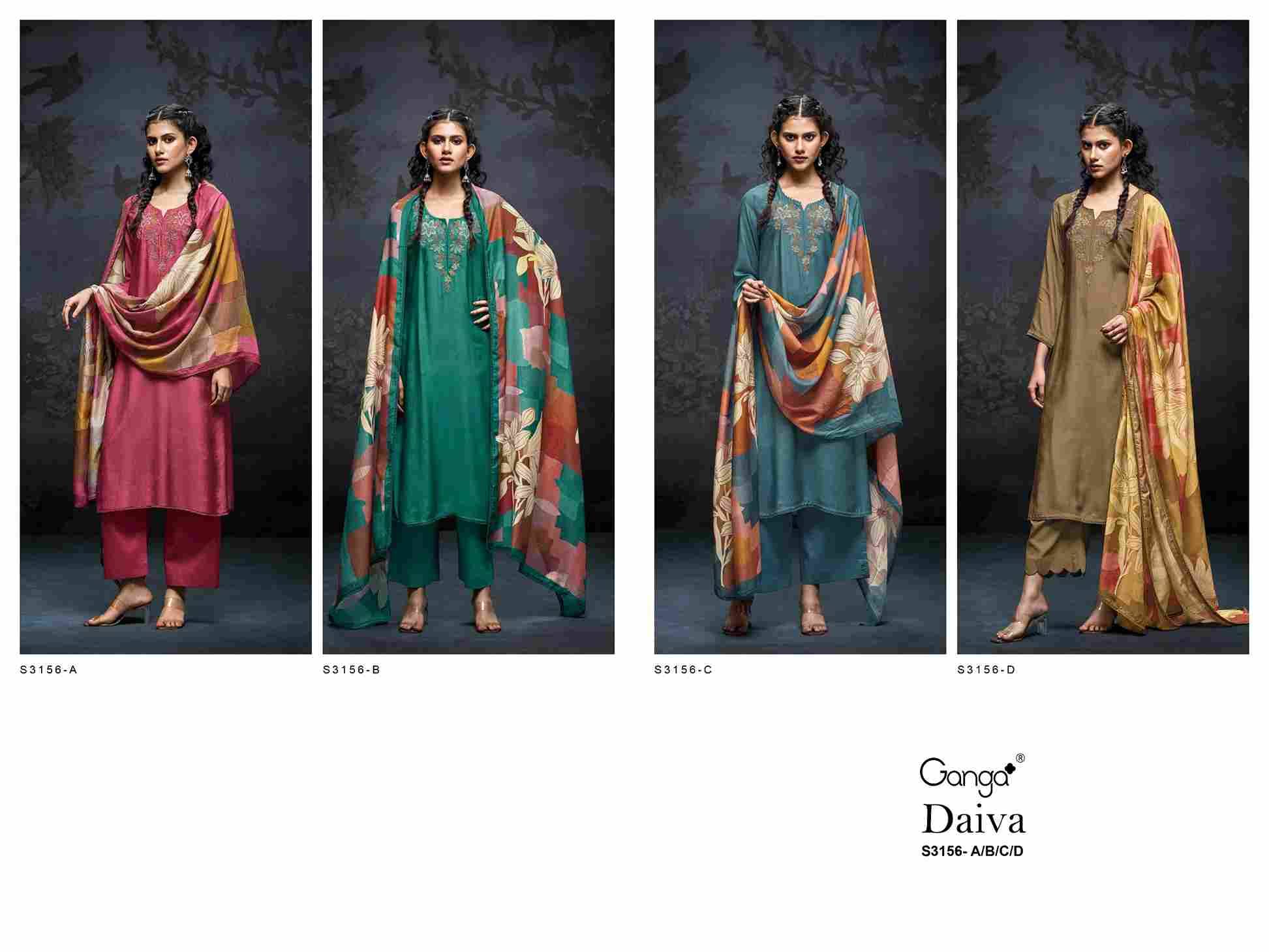 Daiva-3156 By Ganga Fashion 3156-A To 3156-D Series Beautiful Festive Suits Colorful Stylish Fancy Casual Wear & Ethnic Wear Pure Bemberg Silk Dresses At Wholesale Price