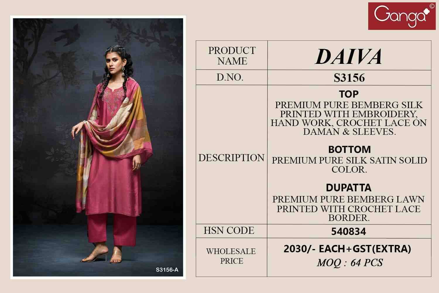 Daiva-3156 By Ganga Fashion 3156-A To 3156-D Series Beautiful Festive Suits Colorful Stylish Fancy Casual Wear & Ethnic Wear Pure Bemberg Silk Dresses At Wholesale Price