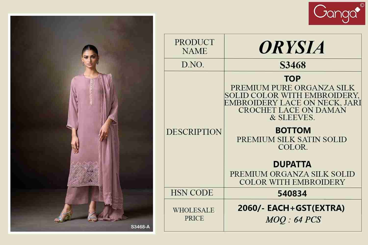 Orysia-3468 By Ganga Fashion 3468-A To 3468-B Series Beautiful Festive Suits Colorful Stylish Fancy Casual Wear & Ethnic Wear Pure Organza Silk Dresses At Wholesale Price