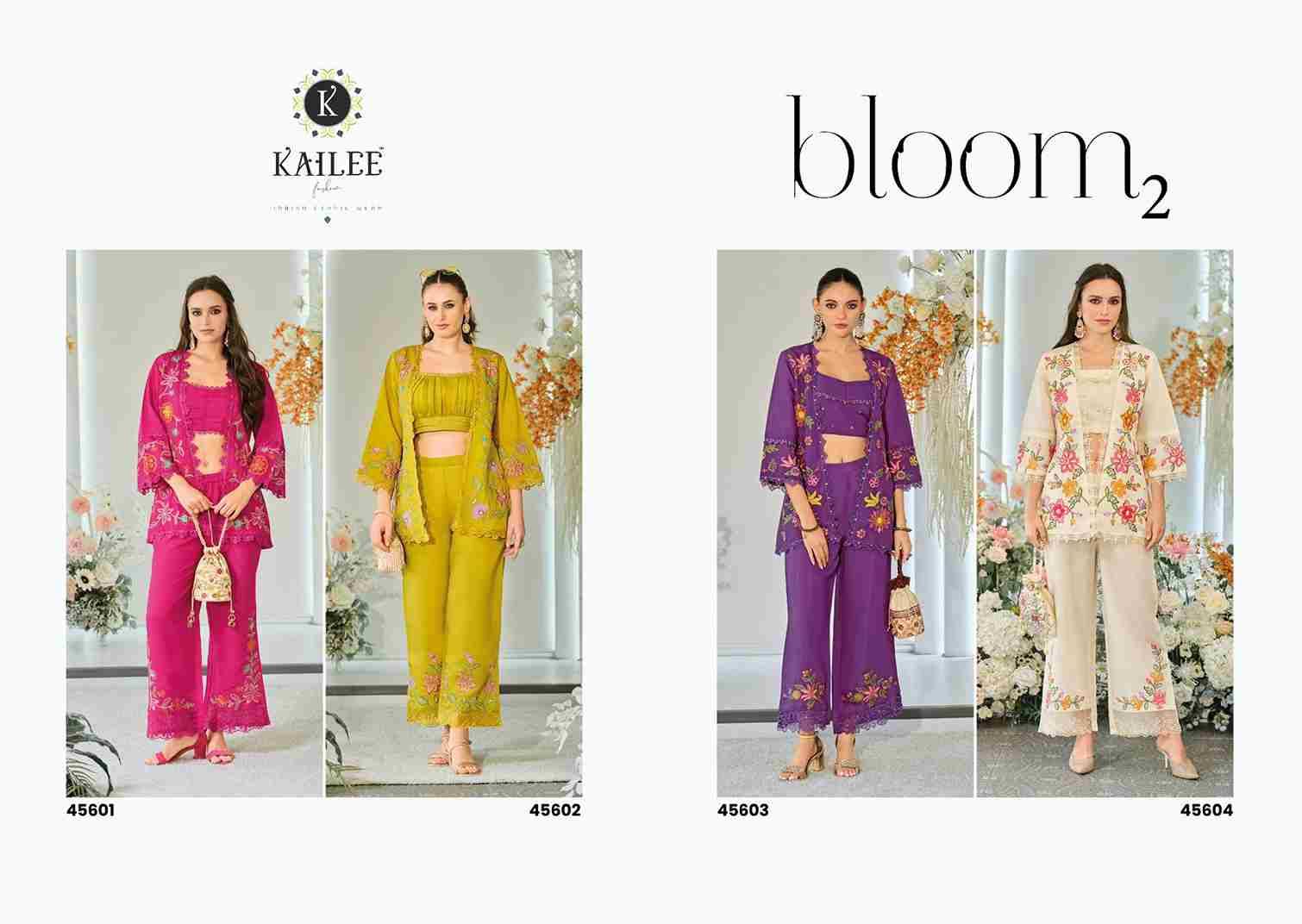 Bloom Vol-2 By Kailee 45601 To 45604 Series Designer Beautiful Festive Collection Occasional Wear & Party Wear Pure Viscose Organza Crop Top With Bottom And Jacket At Wholesale Price